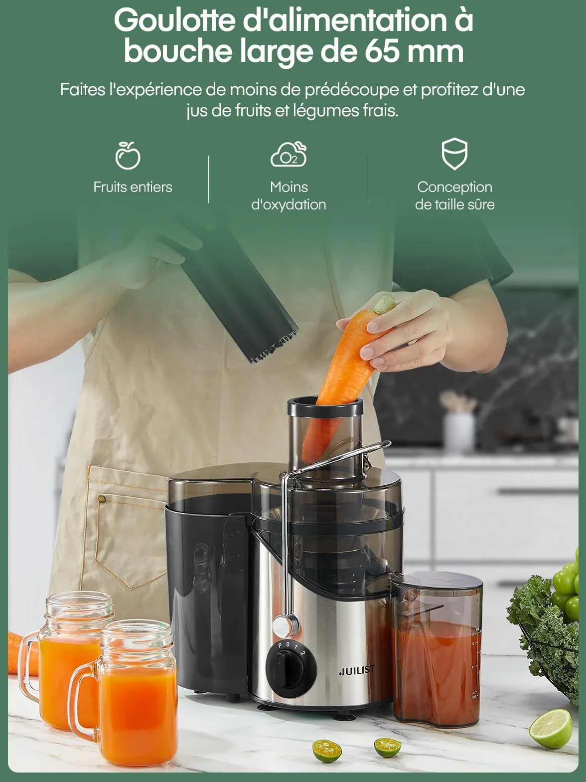 JUILIST Centrifugeuse Extracteur de Jus, Goulotte 65 mm, 3 Réglages, Sans BPA