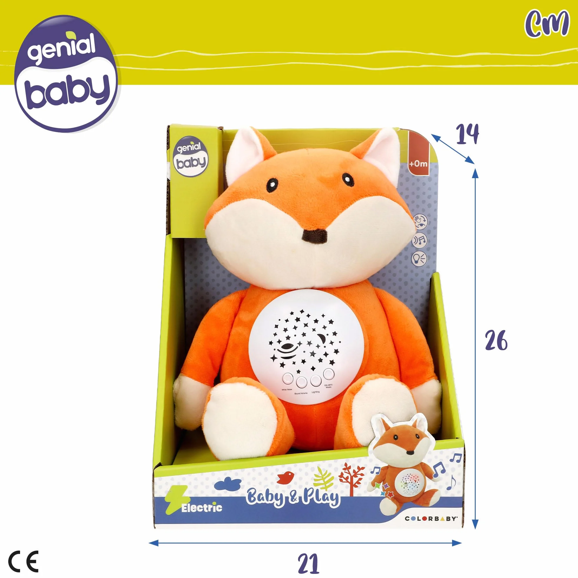 ColorBaby Genial Baby Projecteur étoiles renard 27 cm Veilleuse minuteur Peluche avec sons bruit blanc bébé