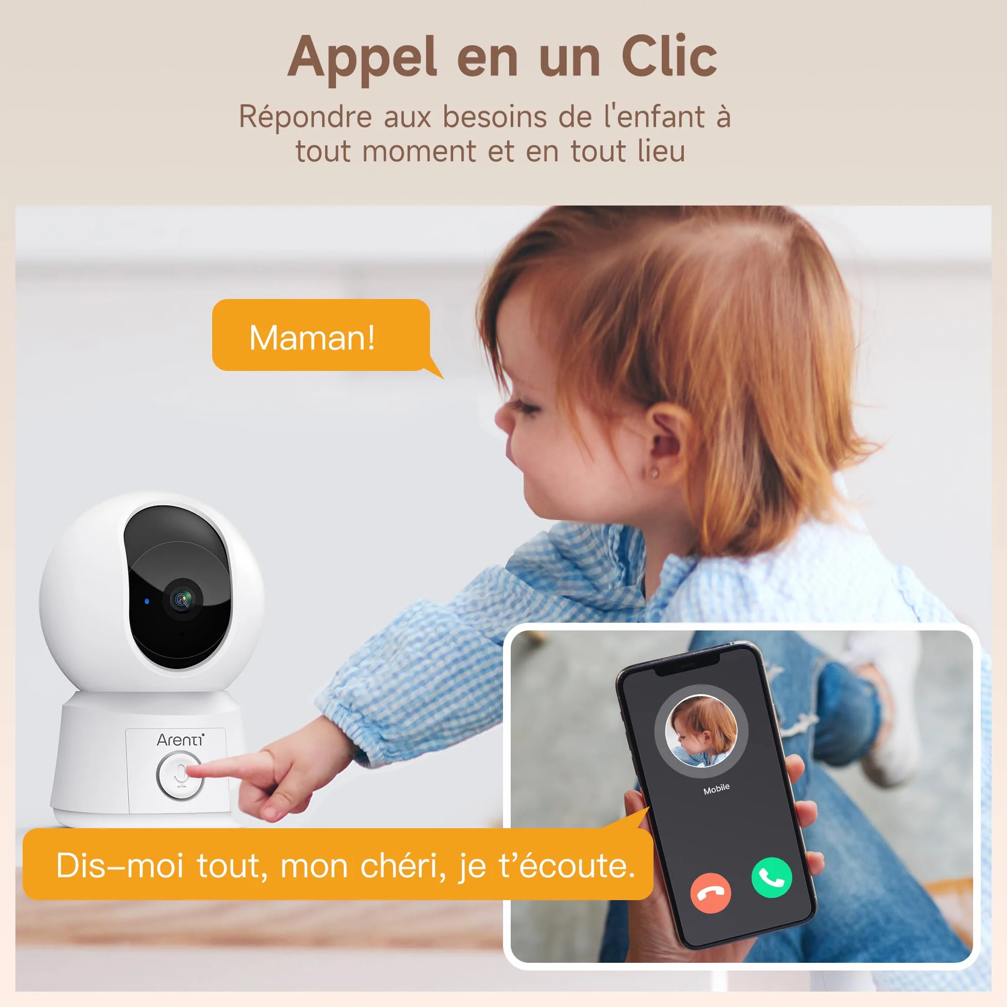 ARENTI Babyphone Camera Bébé, Moniteur Vidéo avec VOX, Détection de Température, Vision Nocturne, Suivi Automatique