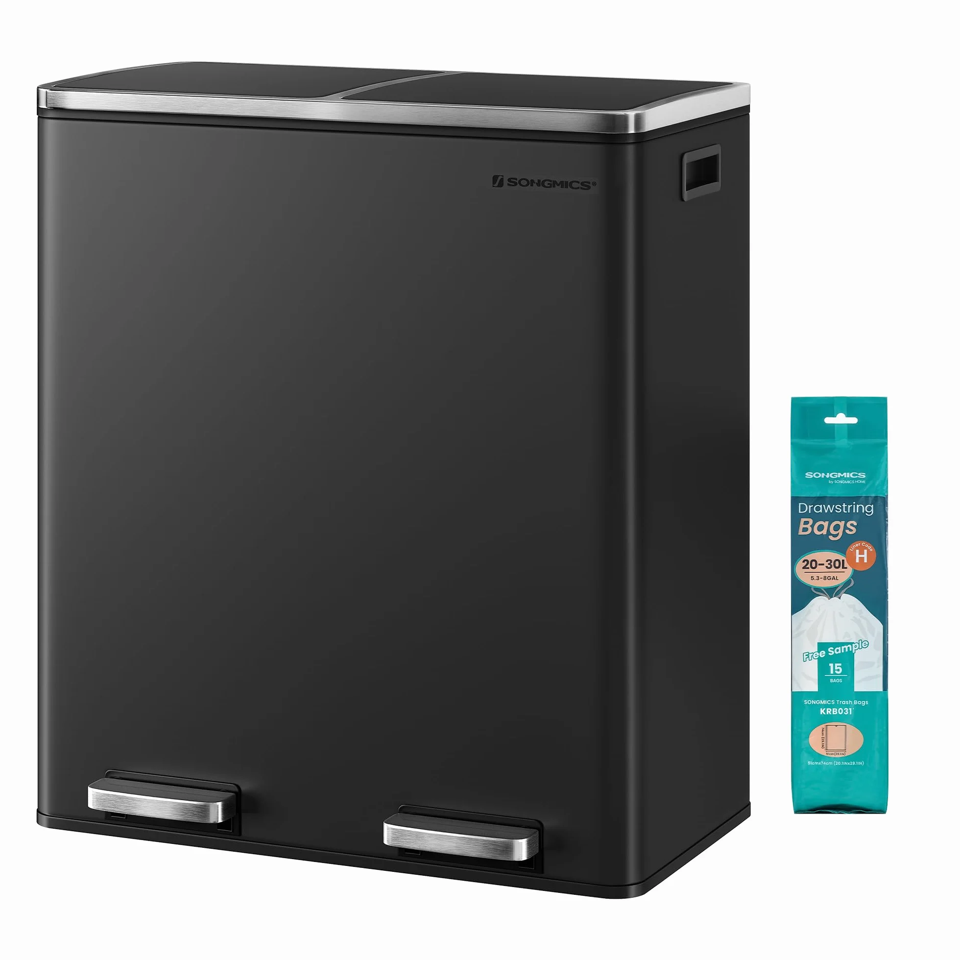 SONGMICS Poubelle Cuisine Tri Sélectif 2 x 30L, Seaux Plastique avec Pédales Métal, Noir LTB60BK