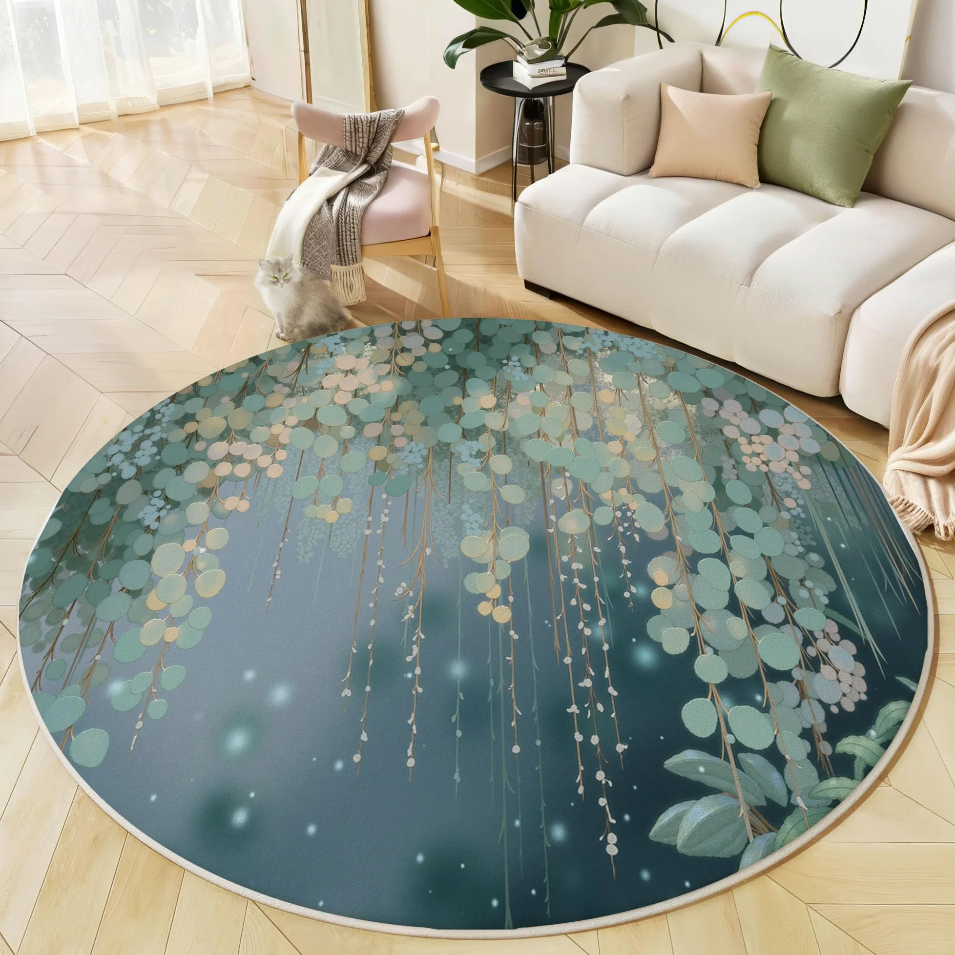 Tapis Rond Feuilles D'Eucalyptus Aquarelle 100 Cm, Lavable En Machine Pour Salon, Ne Perd Pas Ses Poils, Antidérapant | Tapis Esthétique Végétale Pour Chambre À Coucher Chambre D'Enfant, Vert Foncé