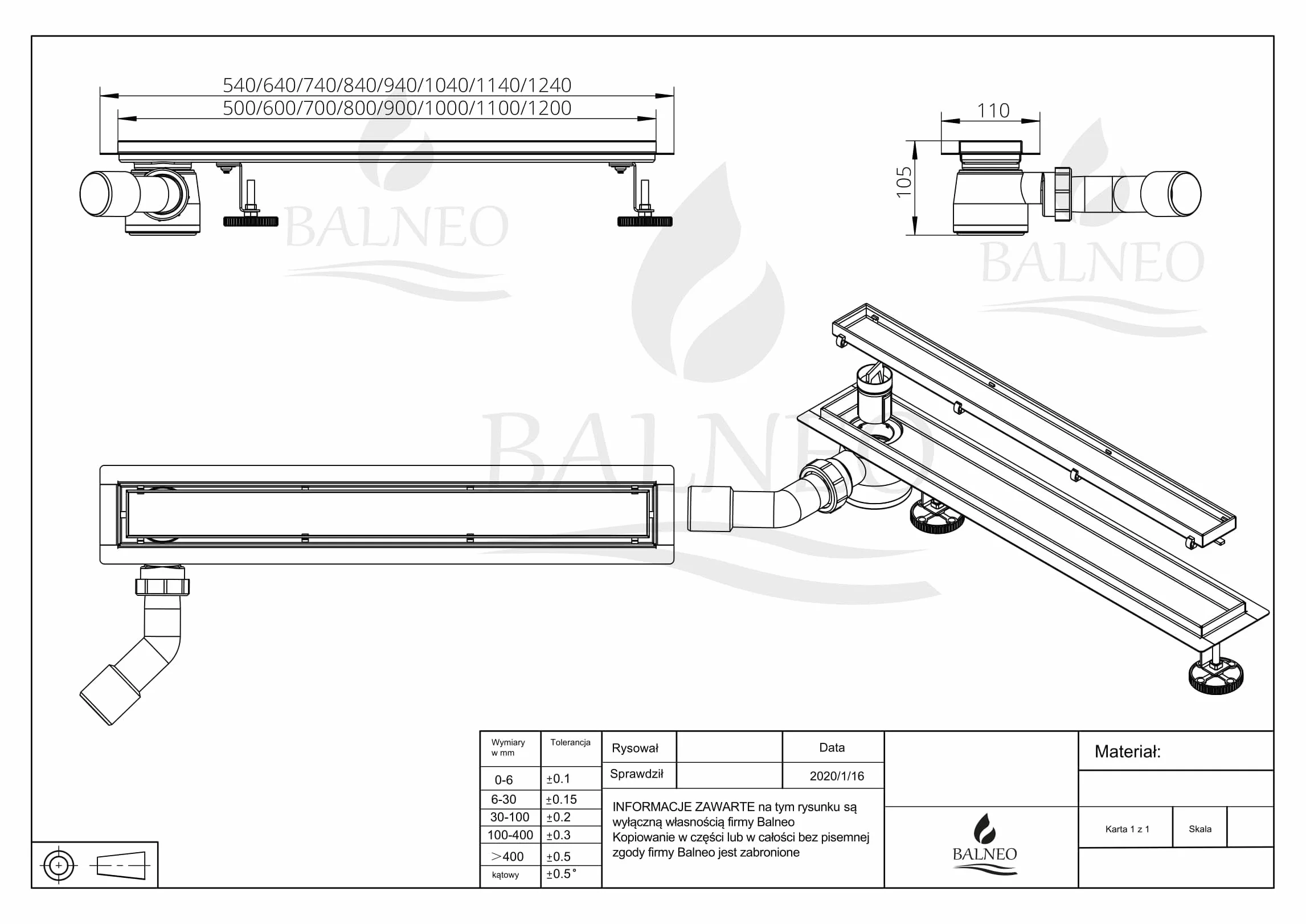 Caniveau de Douche, Caniveau D'évacuation 60cm en Acier Inoxydable, avec Siphon Latéral, Kit Complet, Caniveau de Douche Des Deux Côtés avec Panneau ou Sous Plaque, Caniveau Latéral 2en1