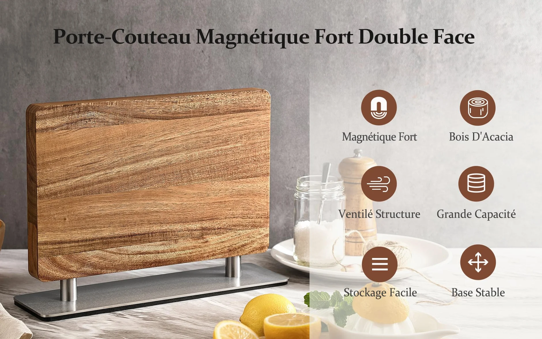 HEZHEN Bloc de Couteaux Magnétique, Porte-couteau en Bois d'Acacia, Aimanté Double Face