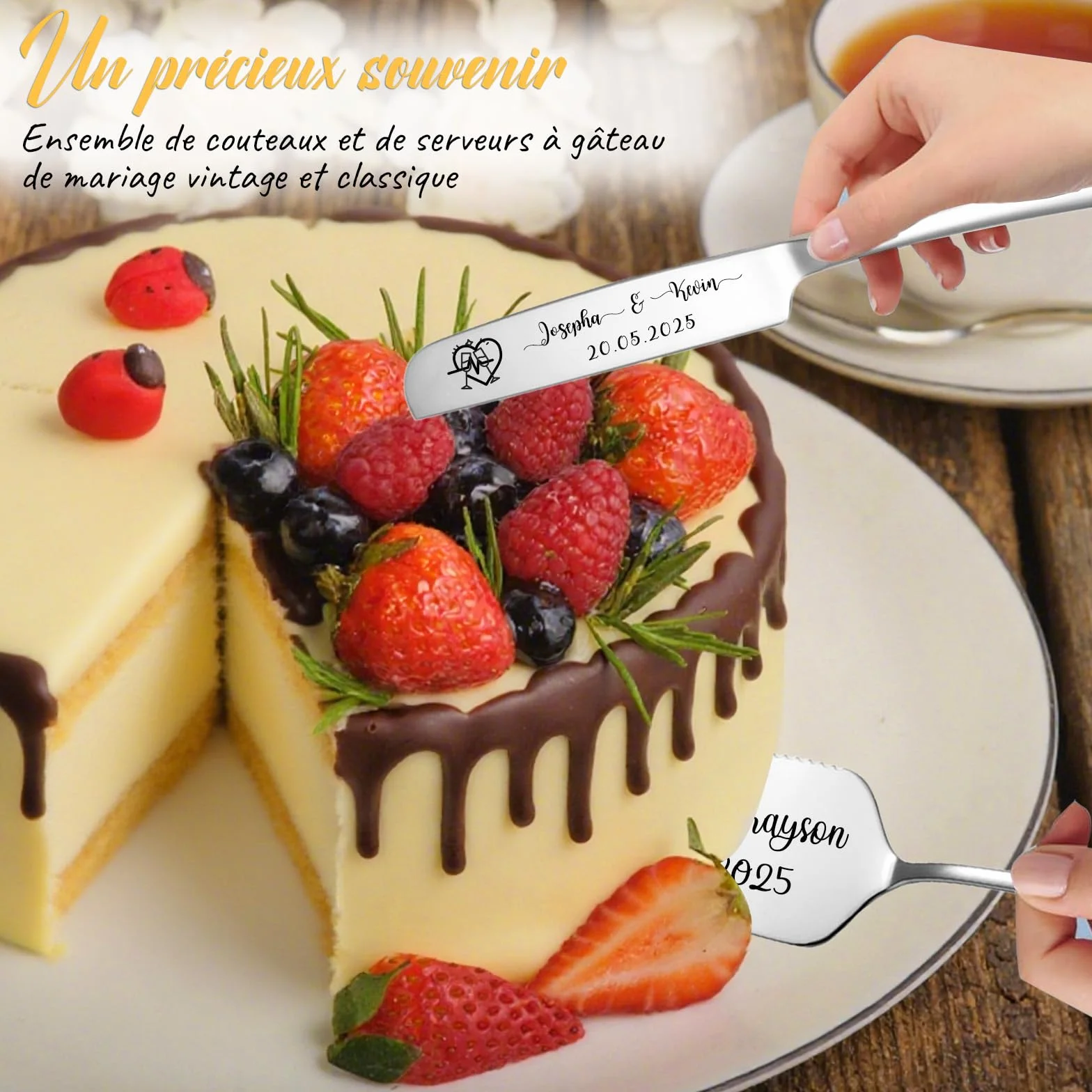 Ensemble Couteau et Pelle à Gâteau Gravés Personnalisés Mariage Cadeau Anniversaire Saint-Valentin Noël Argent