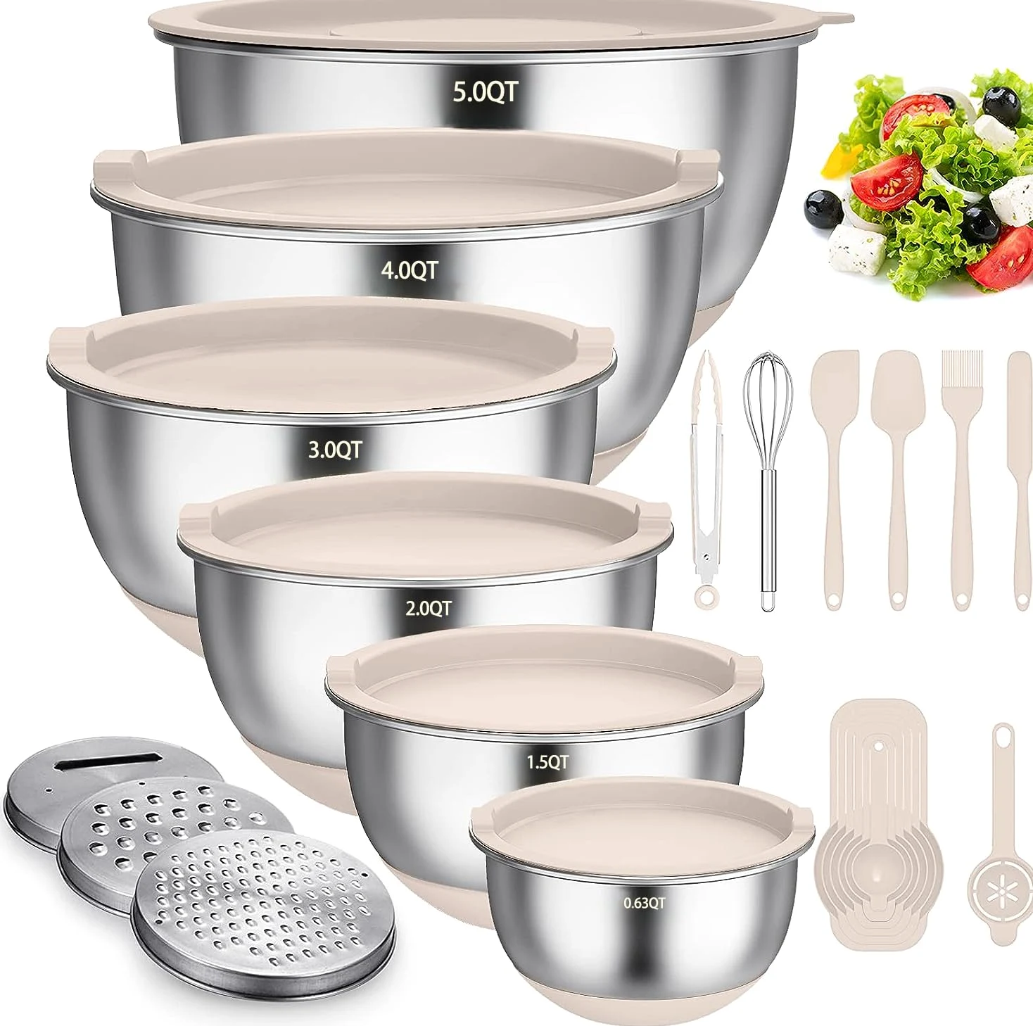 Terlulu Lot de 6 saladiers en acier inoxydable avec couvercle et fond en silicone, 3 embouts de râpe, 4,7 l/3,8 l/2,8 l/1,9 l/1,4 l/0,6 l, antidérapants et empilables, kaki