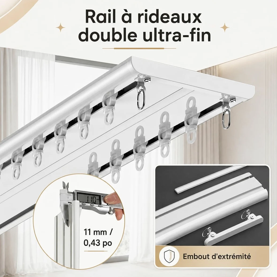 Tringle Rideau Extra-Plat Plafond, Rail de Rideau Double 2 Voies en Aluminium Robuste, Système Coulissant Silencieux, Salon, Séparateur de Pièce, 150-500cm, Finition Blanc