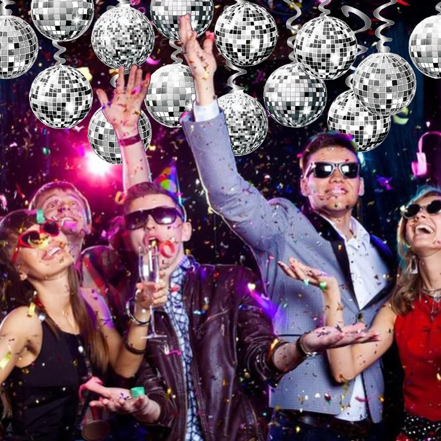 Guirlande Décoration Disco 2 Bannières Boules Paillettes Argentées 6 Spirales Suspendues Fête Années 70 80 90