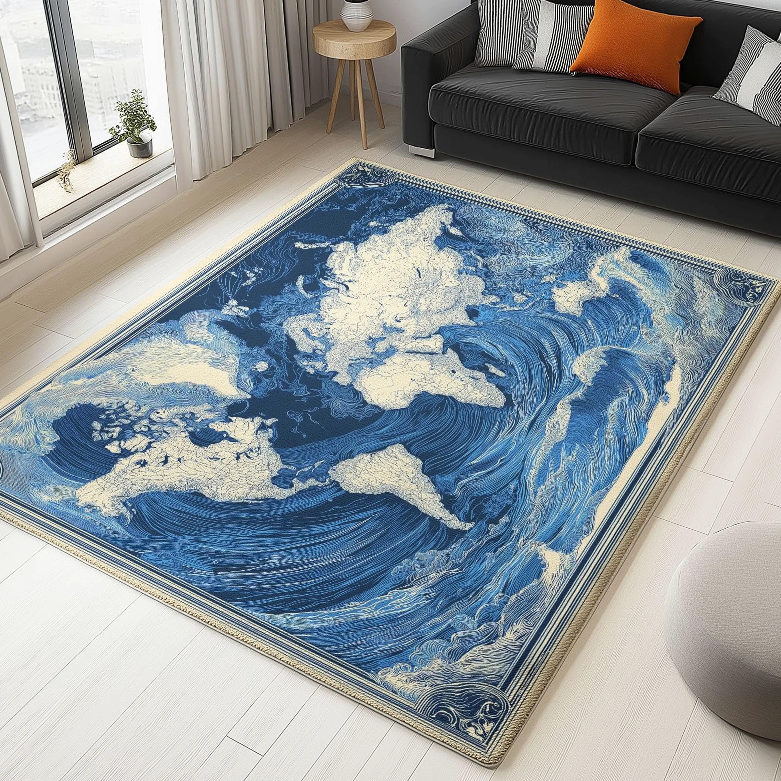 Générique Tapis Salon Affiche Rétro Carte du Monavec Vagues L'Océan 90 x 150 cm Tapis Chambre Impression 3D Moderne, Bleu Moquette Antidérapant Lavable Machine, pour Salon Salle à Manger Bureau