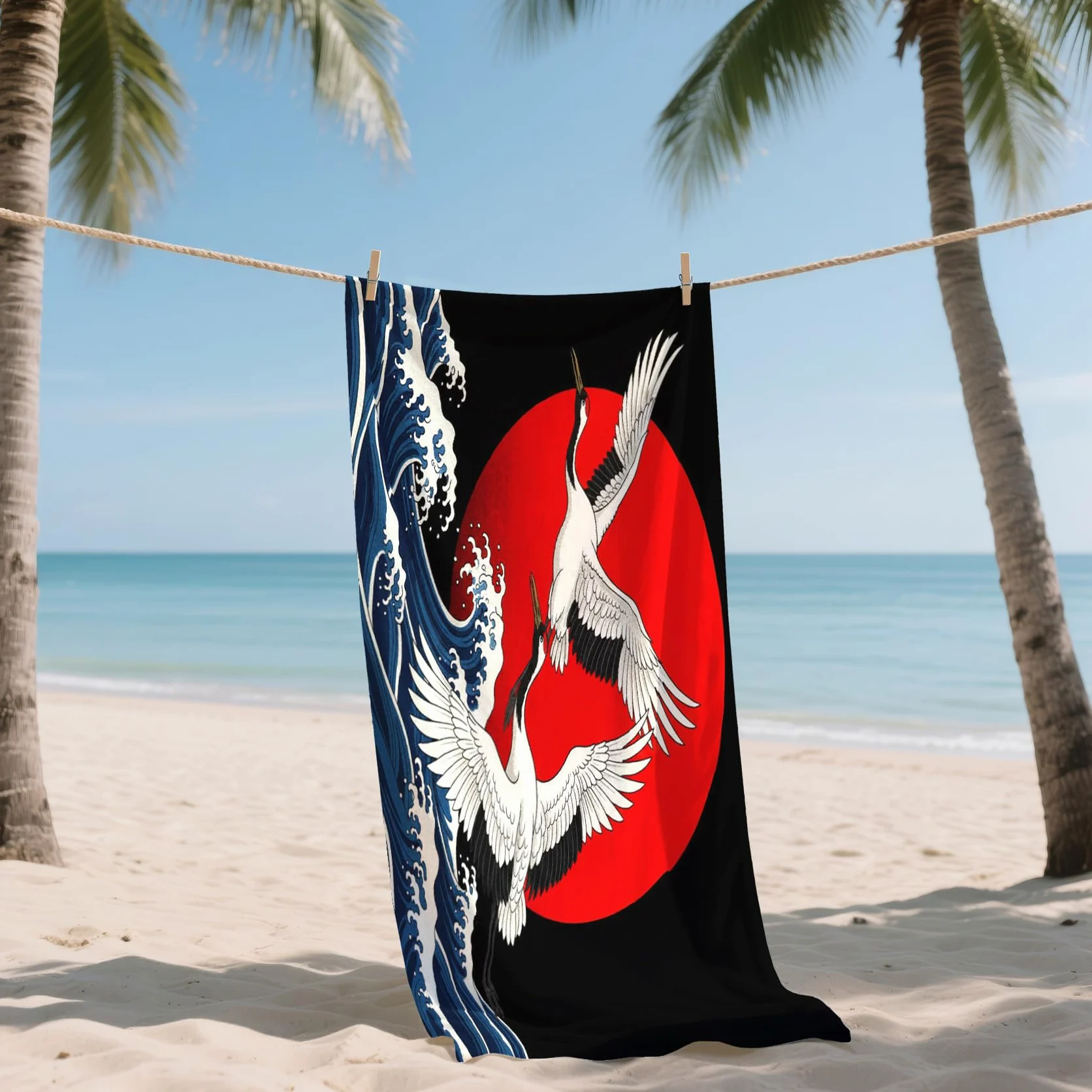 Serviette de Plage XXL Microfibre Style Asiatique Vague Japonaise, Drap de Plage Séchage Rapide Anti Sable & Légère, Serviette de Bain Grande Taille 200x200 cm, Accessoire & Cadeau été