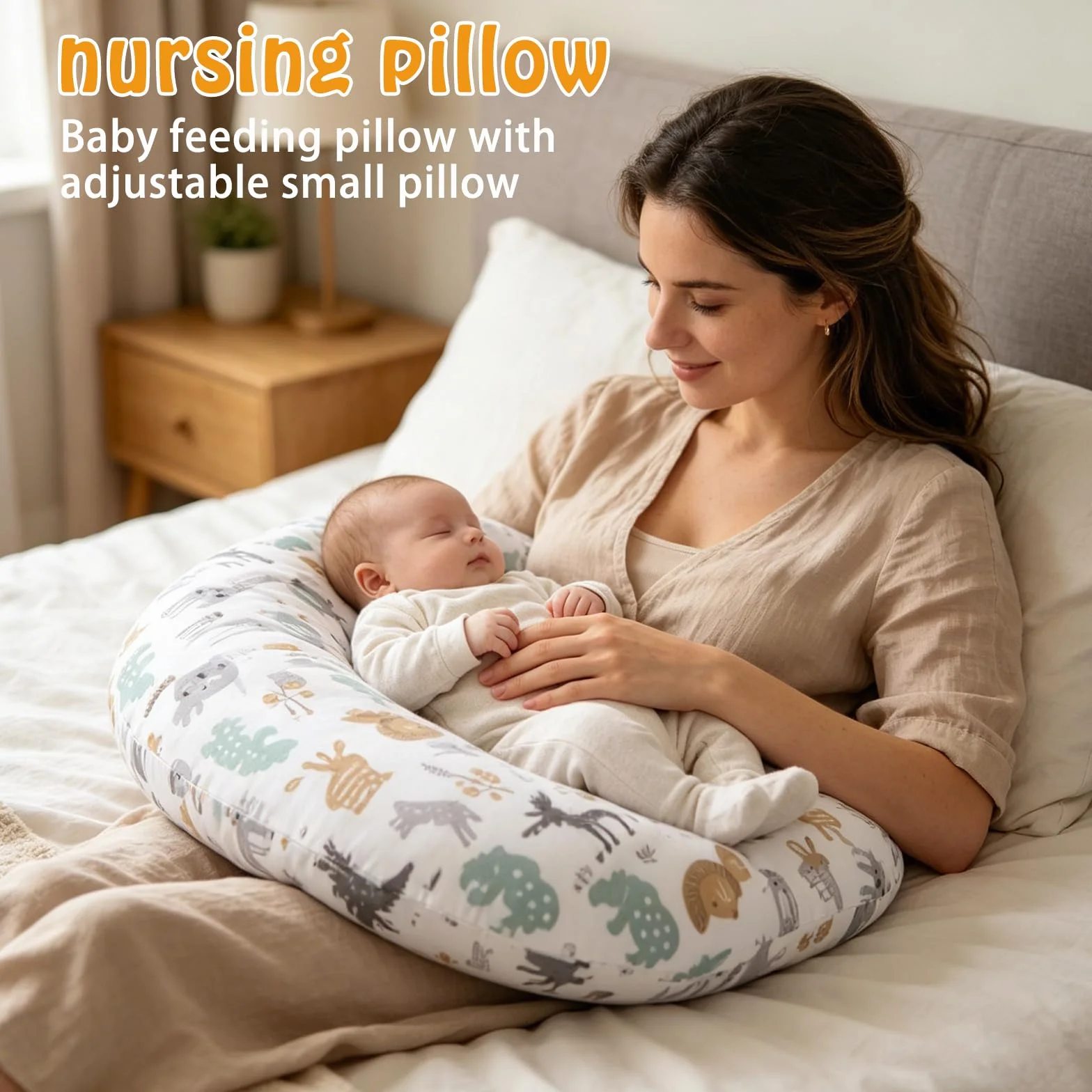 BORDEAG Coussin d'allaitement pour nouveau-né 53 x 40 cm avec housse motif parc animalier