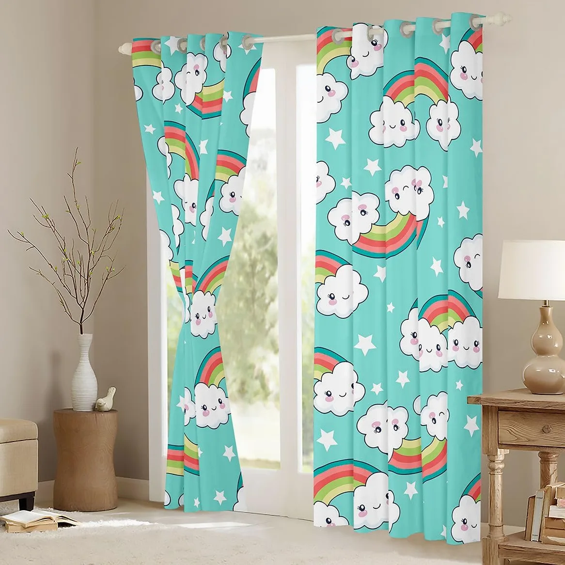 Homewish Rideau Occultant 117x183 cm Arc-en-Ciel,Rideau Nuages,Rideaux Voilage Enfants Garçons Filles Étoiles Imprimer Mignon Carton Nuage,Voilage Fenetre Kawaii Princesse de Rêve Tael pour Chambre