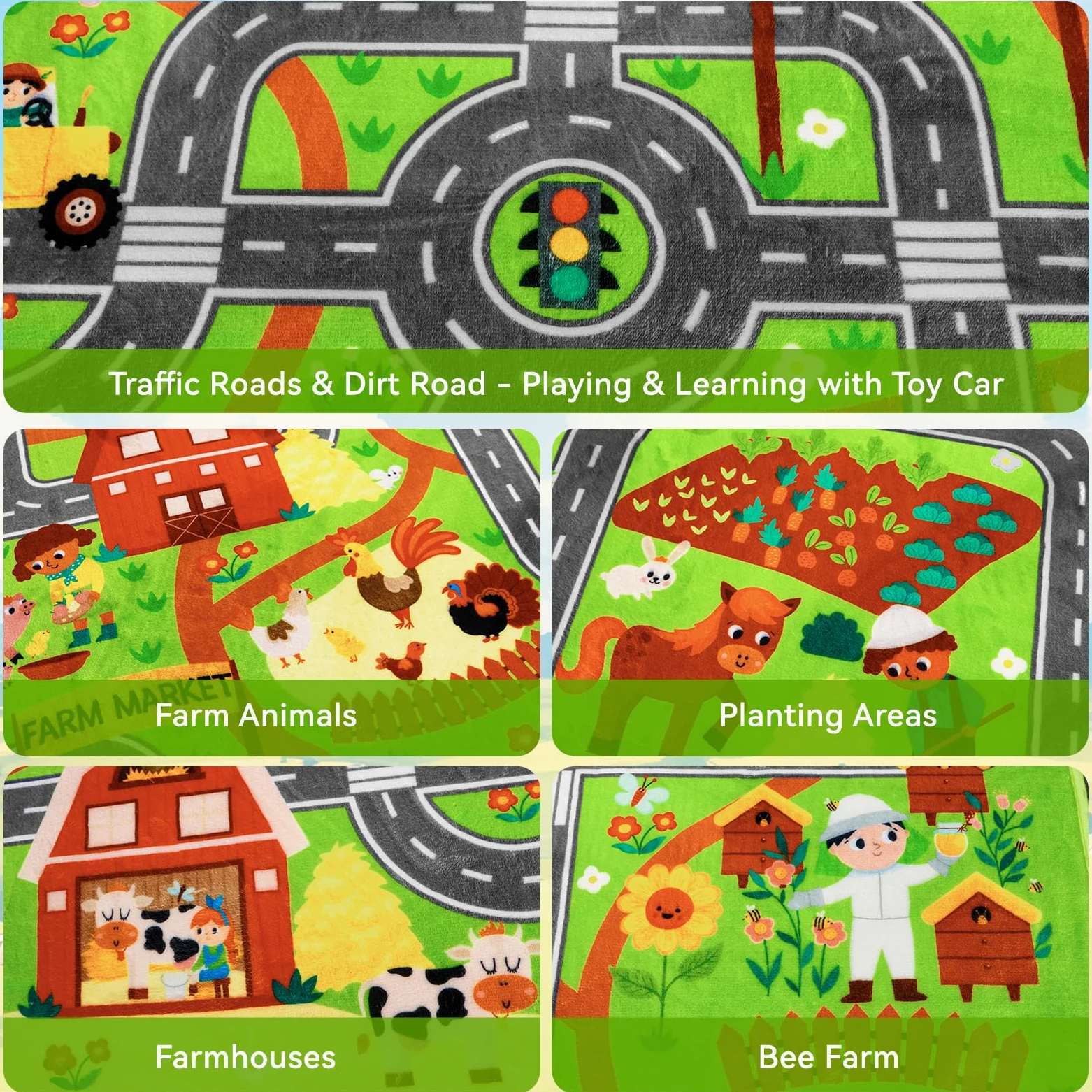 Tapis de voiture pour enfants - 200 x 150 cm - Vie de la ferme - Circulation routière pour salle de jeux - Tapis de rue pour enfants - Carte de village - Tapis de jeu pour tout-petits - Marché