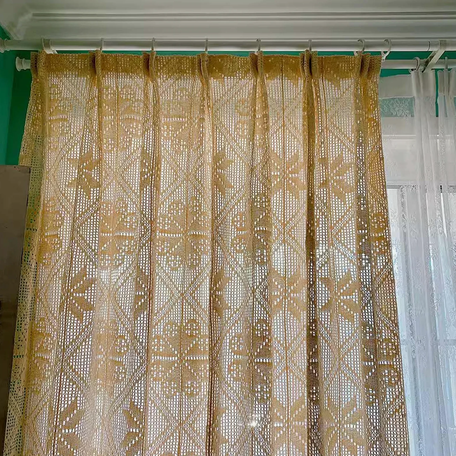 Rideau Transparent en Dentelle Bohème, Rideaux de Fenêtre en Coton Et Lin avec Passe-Tringle, Rideau à Motif Géométrique Rustique Beige avec Pompon pour Salon, Chambre à Coucher, 1 Panneau