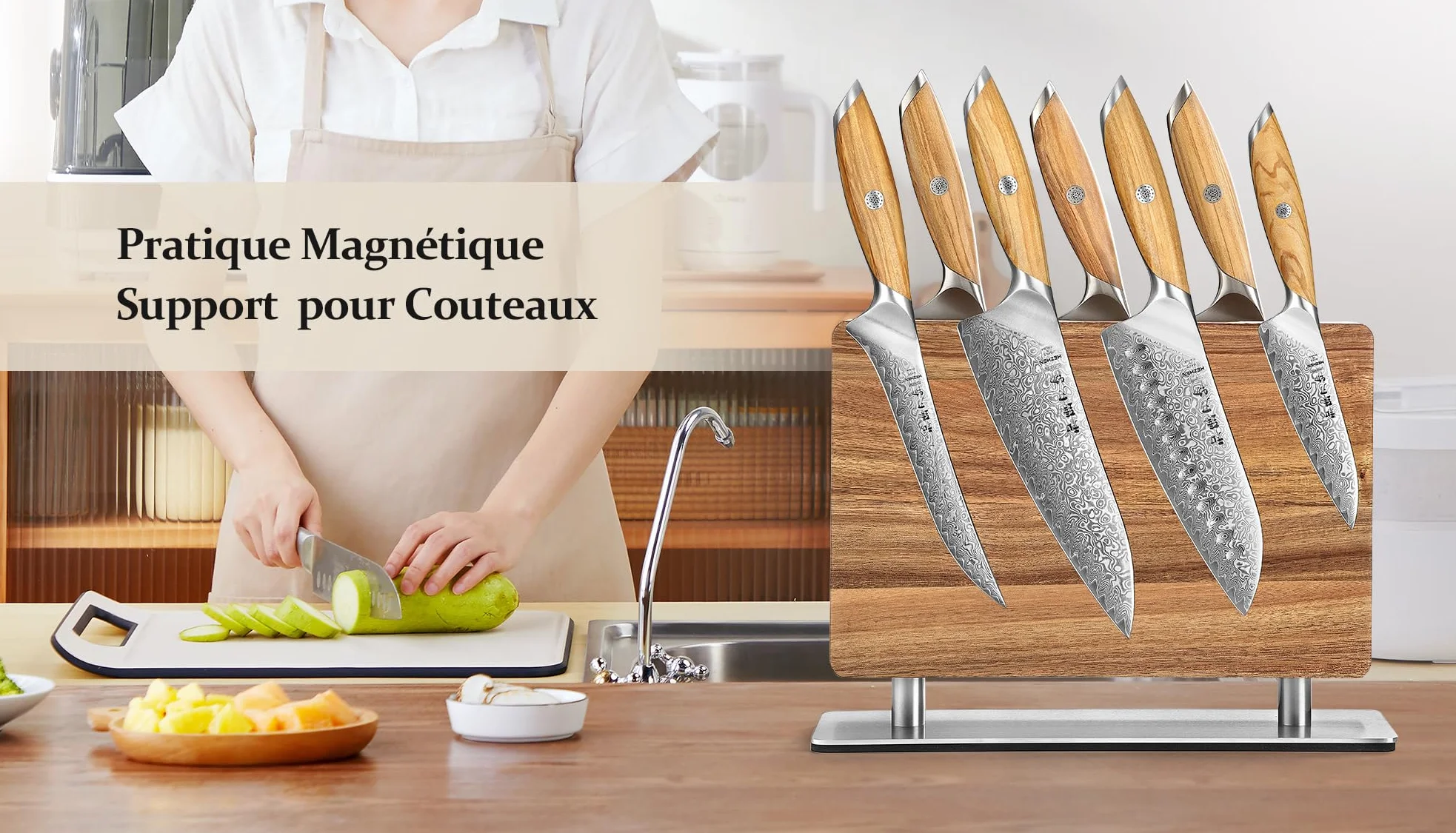 HEZHEN Bloc de Couteaux Magnétique, Porte-couteau en Bois d'Acacia, Aimanté Double Face