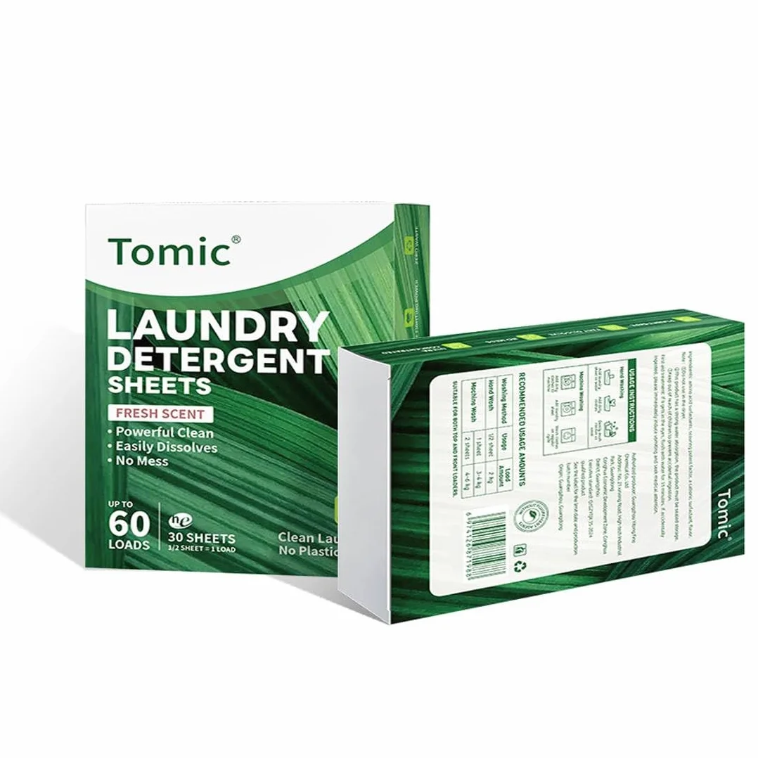 Lessive en Feuille Biodégradable 30 Feuilles 60 Charges Hydrosoluble Hypoallergénique Sans Plastique Blanc et Couleur Fraîcheur Intense