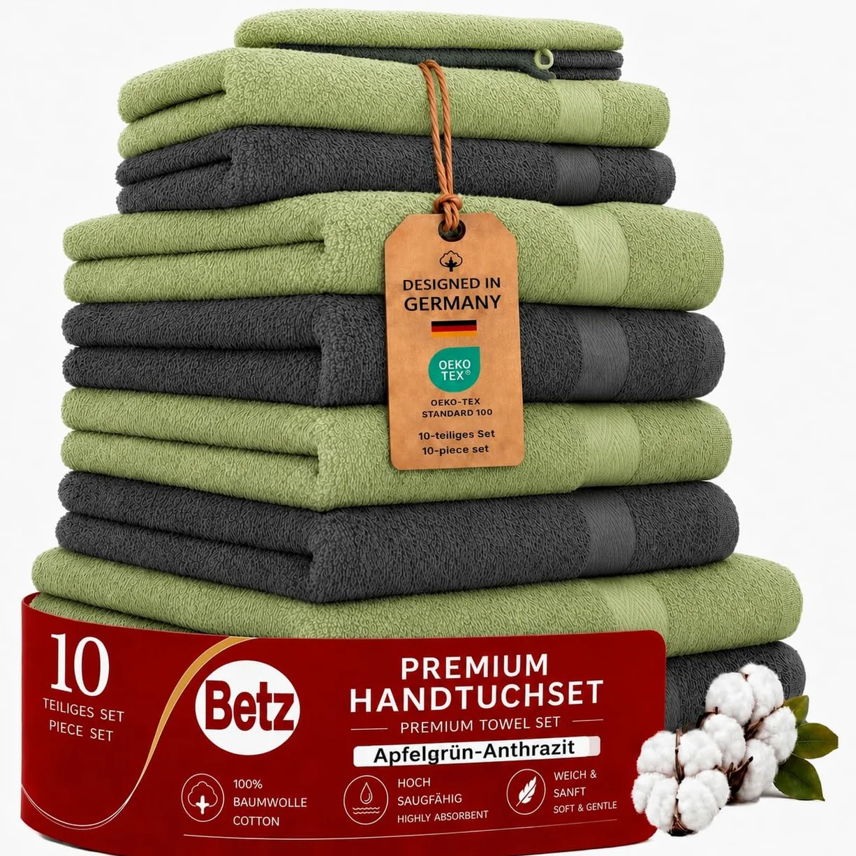 Betz Lot de 10 Serviettes Set de 2 draps de Bain 4 Serviettes de Toilette 2 Serviettes d'invités 2 Gants de Toilette 100% Coton Premium Couleur Vert Pomme, Gris Anthracite