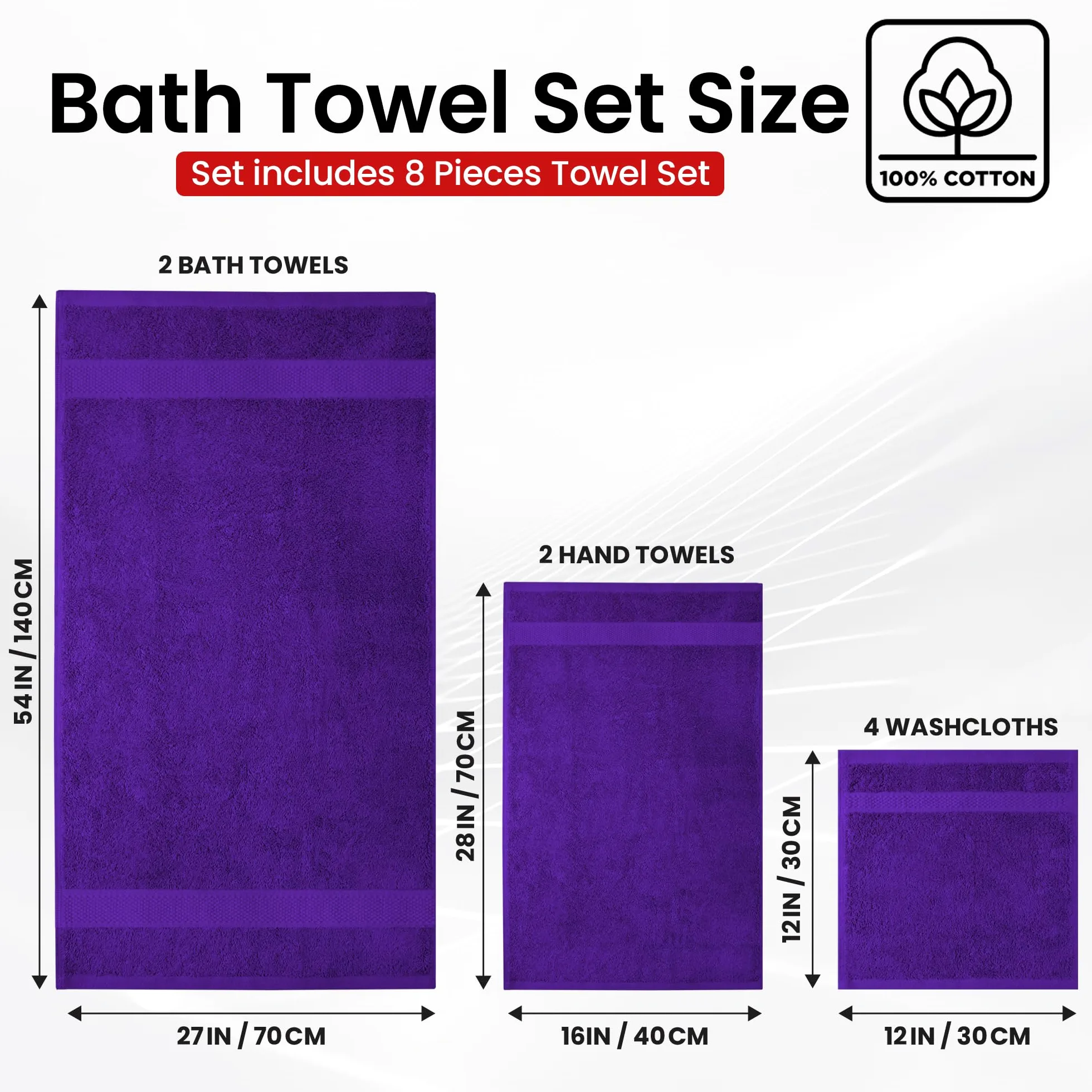 Infinitee Xclusives Lot de 8 serviettes de bain de qualité supérieure pour salle de bain – Lot de 8 serviettes de bain 100 % coton – 2 serviettes de bain, 2 essuie-mains et 4 débarbouillettes (violet