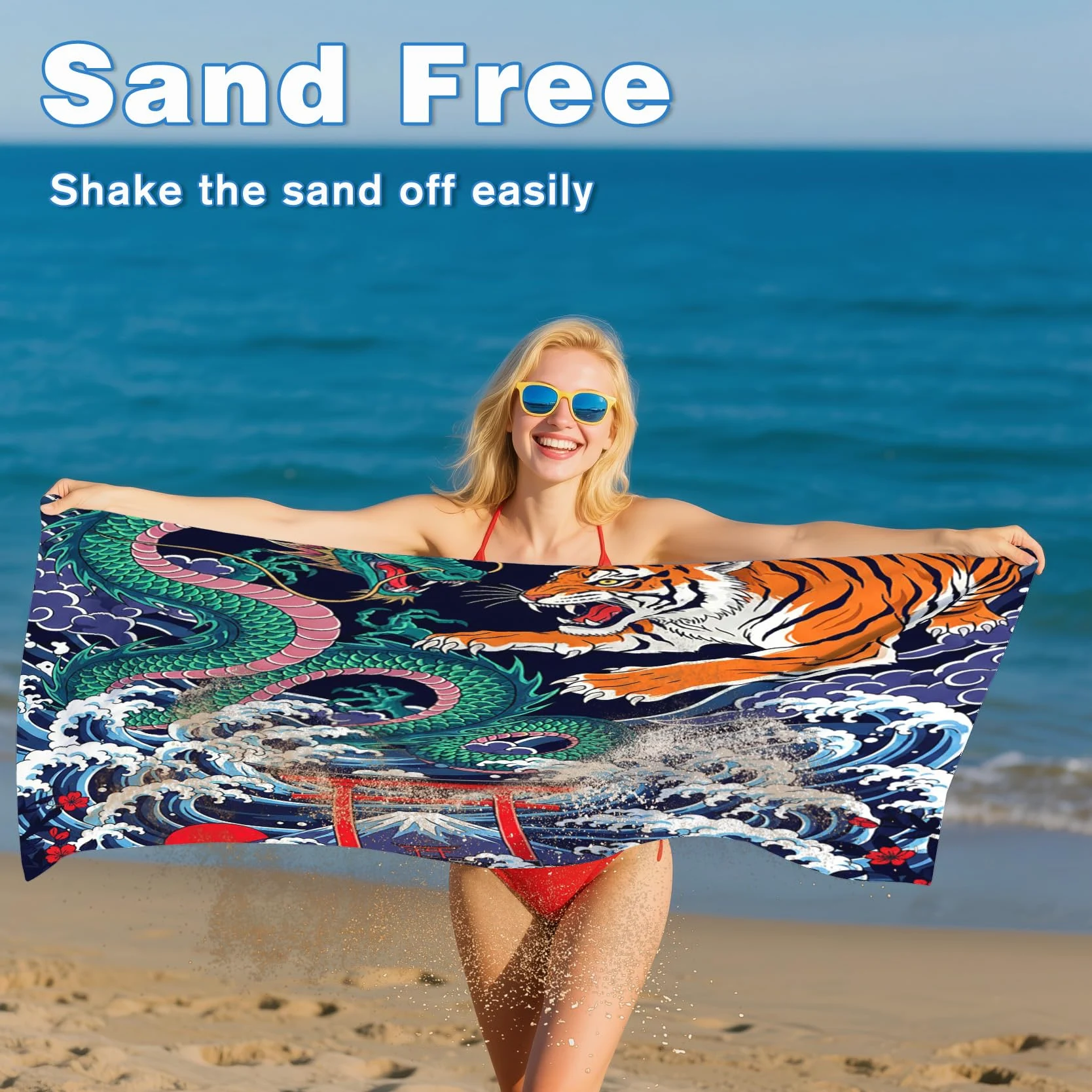 Serviette de Plage XXL Microfibre Dragon Tigre Style Japonais Torii Gate, Drap de Plage Séchage Rapide Anti Sable & Légère, Serviette de Bain Grande Taille 150x200 cm, Cadeau été
