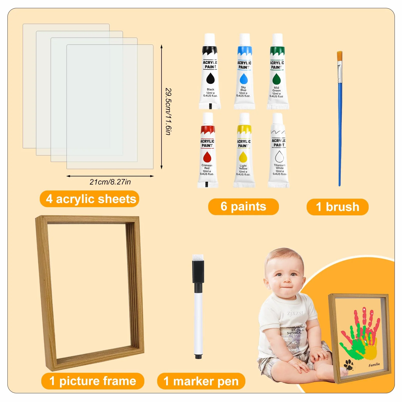 Kit Empreintes Bébé Mains & Pieds, Grand Cadre Bois 31 x 22,4 cm, Peintures Non Toxiques, Cadeau Naissance
