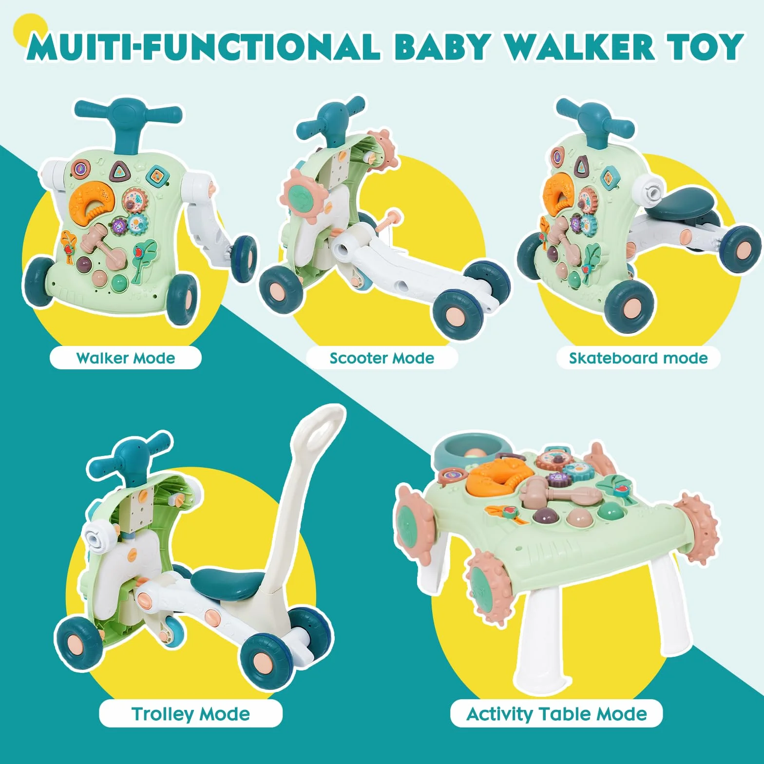 Trotteur Bébé 6 en 1 Multifonctionnel avec Musique et Table d'Activité d'Éveil
