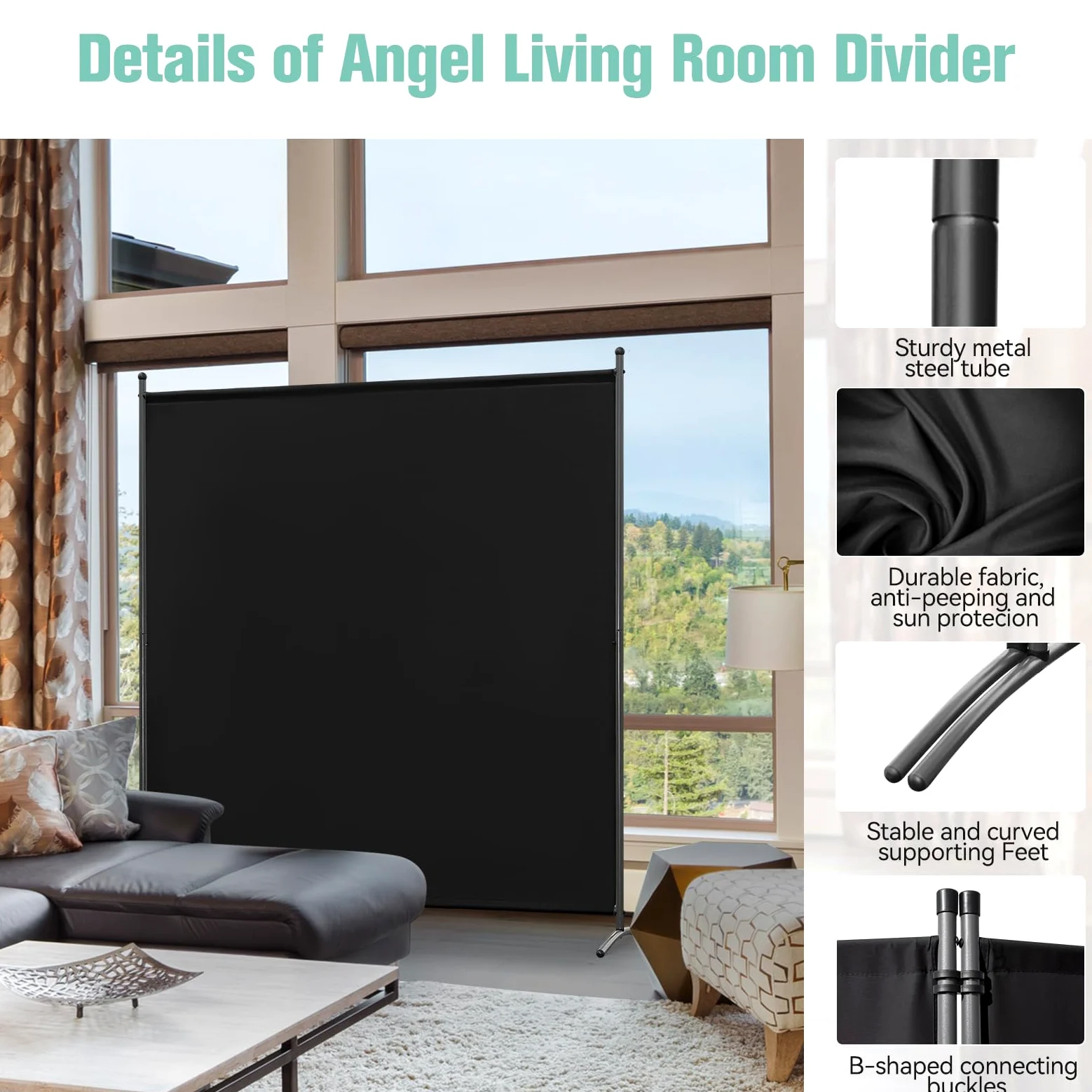Angel Living Paravent 1 Panneaux Diviseurs de Chambre Séparateur de Panneaux Indépendant Paroi de Séparation Murale Séparation Visuelle pour Bureaux, Chambre à Coucher, 162 x 180cm (Noir)
