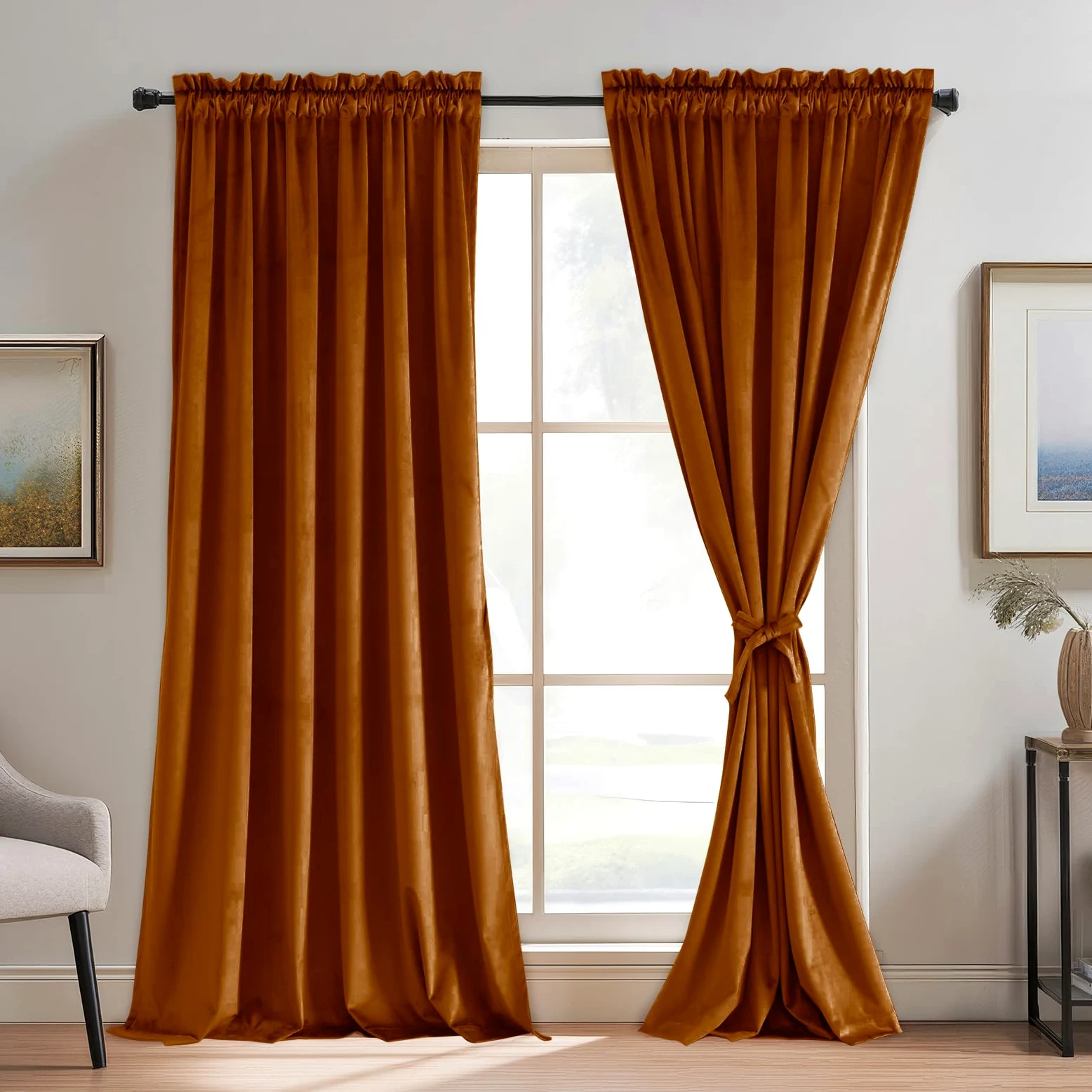 JIUZHEN Lot de 2 Rideaux occultants de fenêtre en Velours épais à Isolation Thermique avec embrasses, Rouge Terre Cuite, 213,4 cm, 132,1 x 213,4 cm (l x L), Rouge Terre Cuite