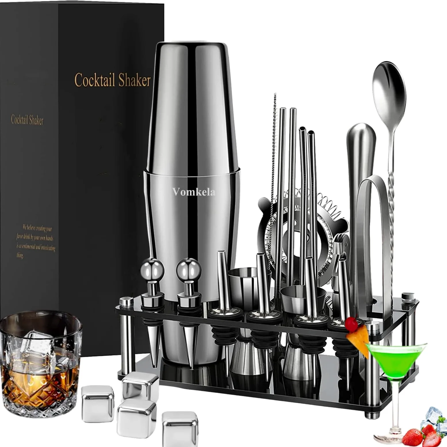 Boston Shaker à cocktail, shaker à cocktail avec support, 25 accessoires de bar, barman, mixeur à cocktail, 750 ml, en acier inoxydable, shaker à cocktail, cadeaux, décoration de cocktail, comptoir de