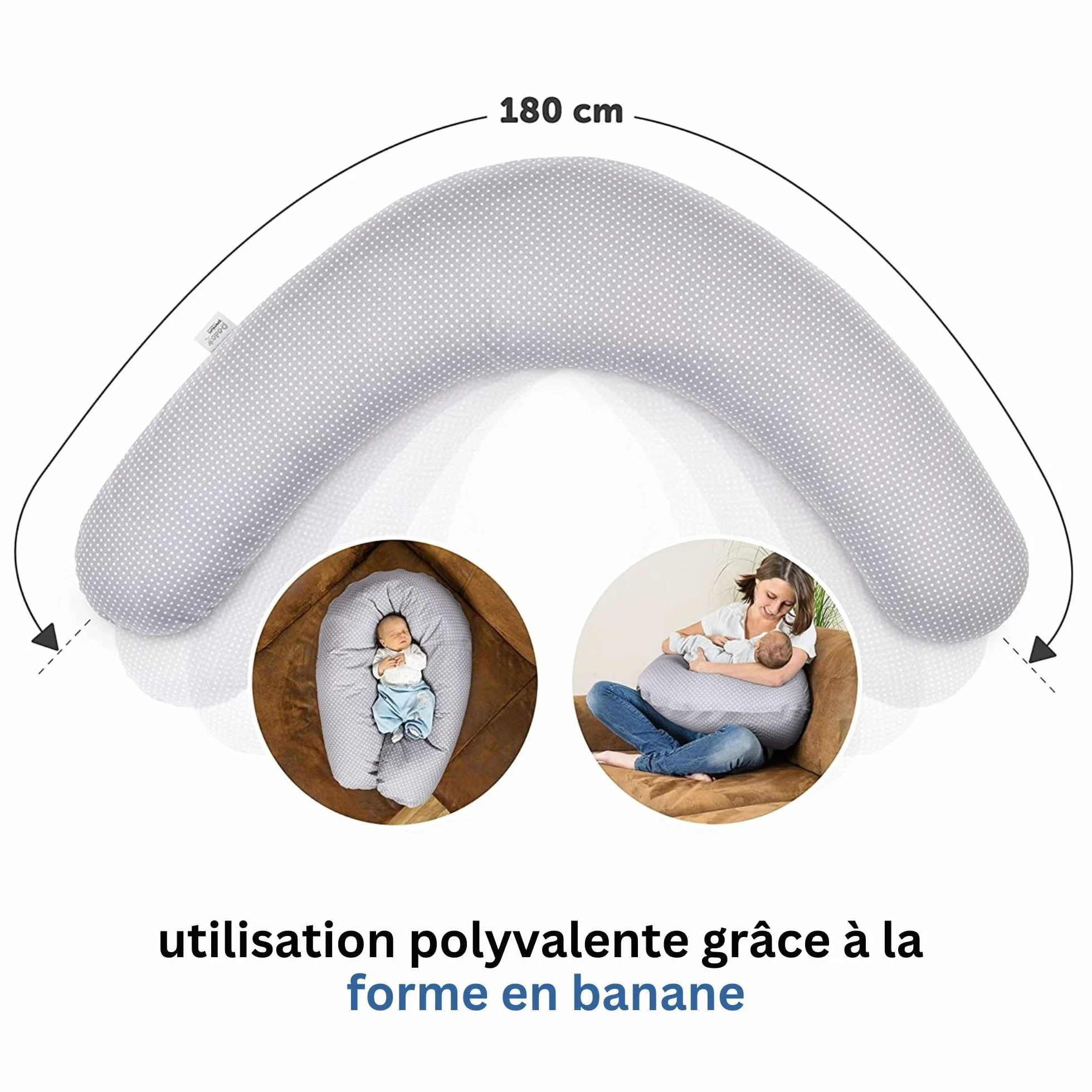 Theraline Coussin Allaitement Dodo Pillow Premium 180 cm Housse Coton Fines Billes Silencieuses Déhoussable Pois Gris