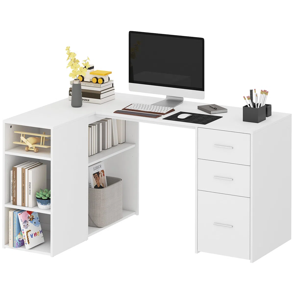 HOMCOM Bureau d'angle 3 Tiroirs Bureau Informatique en L 140x100x75cm Blanc