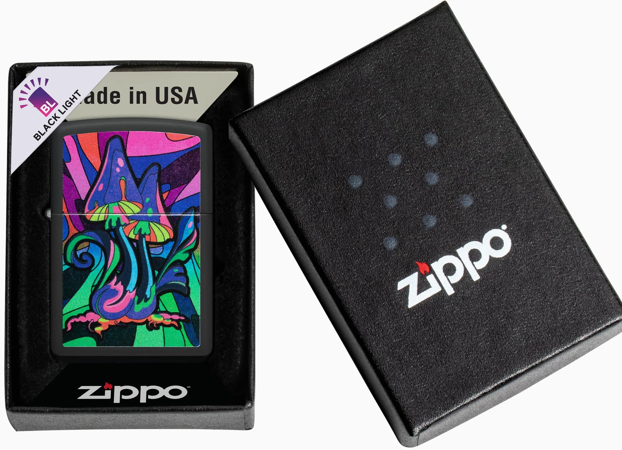 Zippo - Briquet Tempête Motif Champignons Psychédéliques Et Galaxie/Contre-Culture, Noir Mat, Lumière Noire, Rechargeable, Réutilisable, Coupe-Vent, Coffret Cadeau, Fabriqué Aux États-Unis
