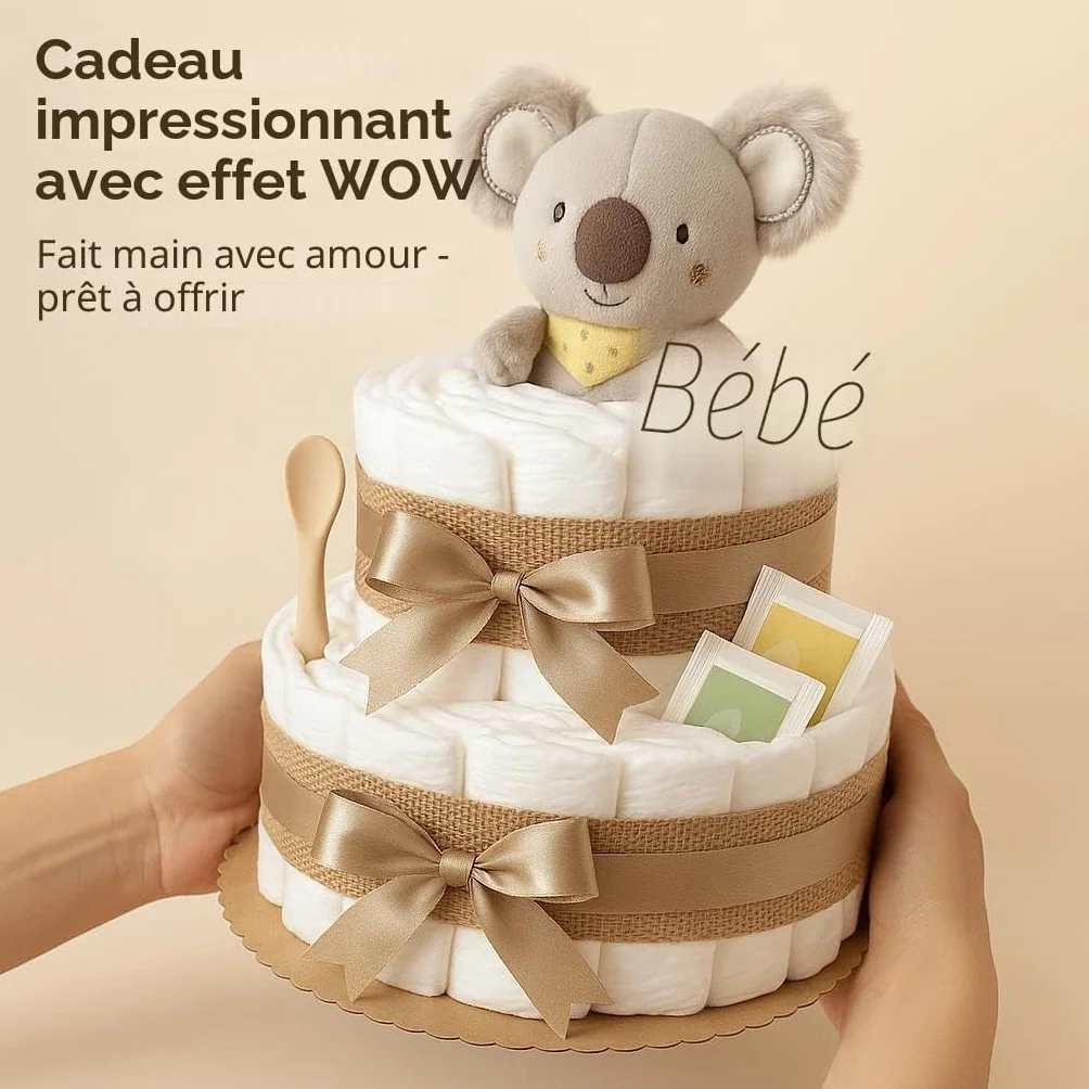 Gâteau à couches koala Greifling Boho Vintage fait à la main Cadeau de naissance pince thé bio bébé