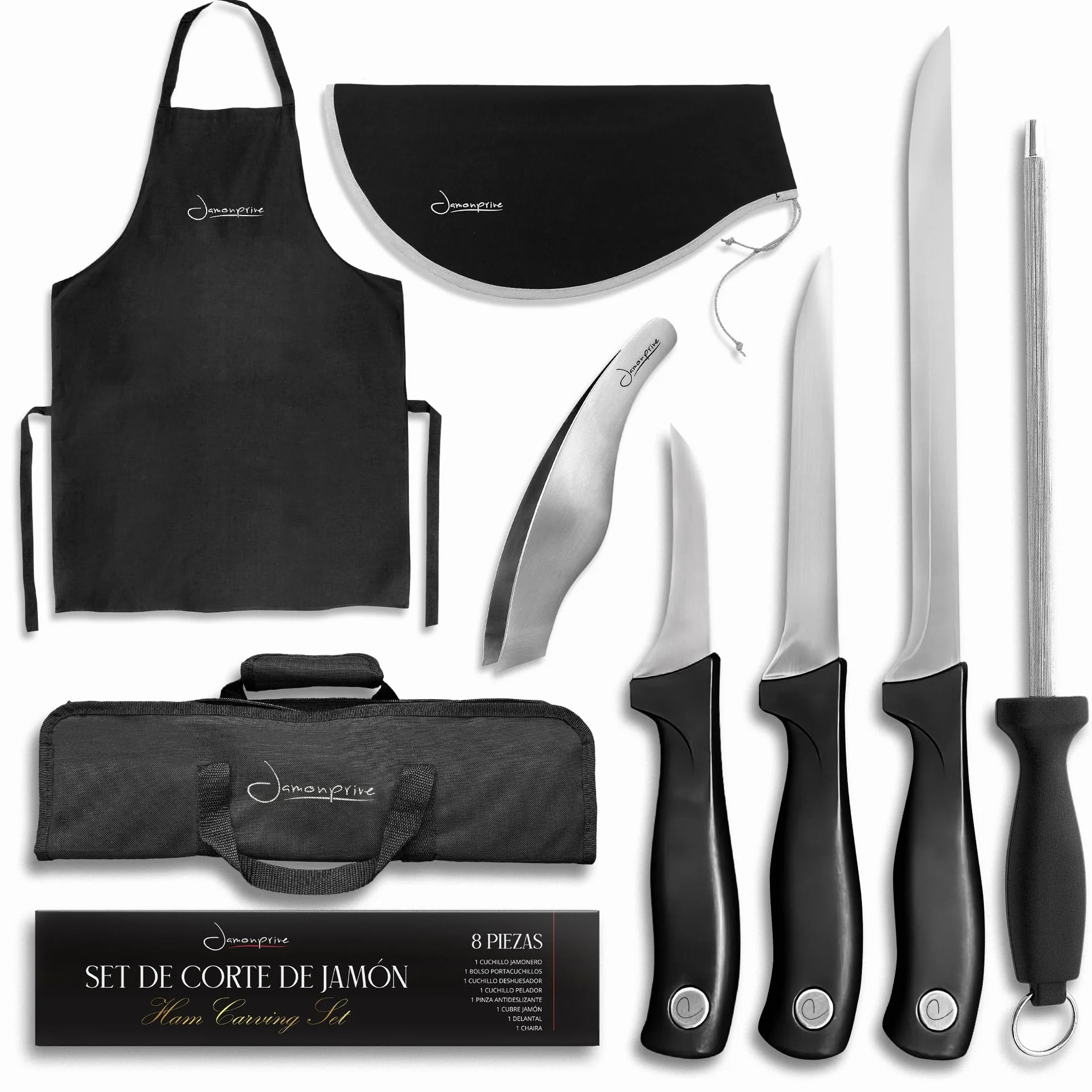 Set de couteaux à jambon - Mallette de cuisine avec couteau à désosser, pince, tablier et aiguisoir diamant