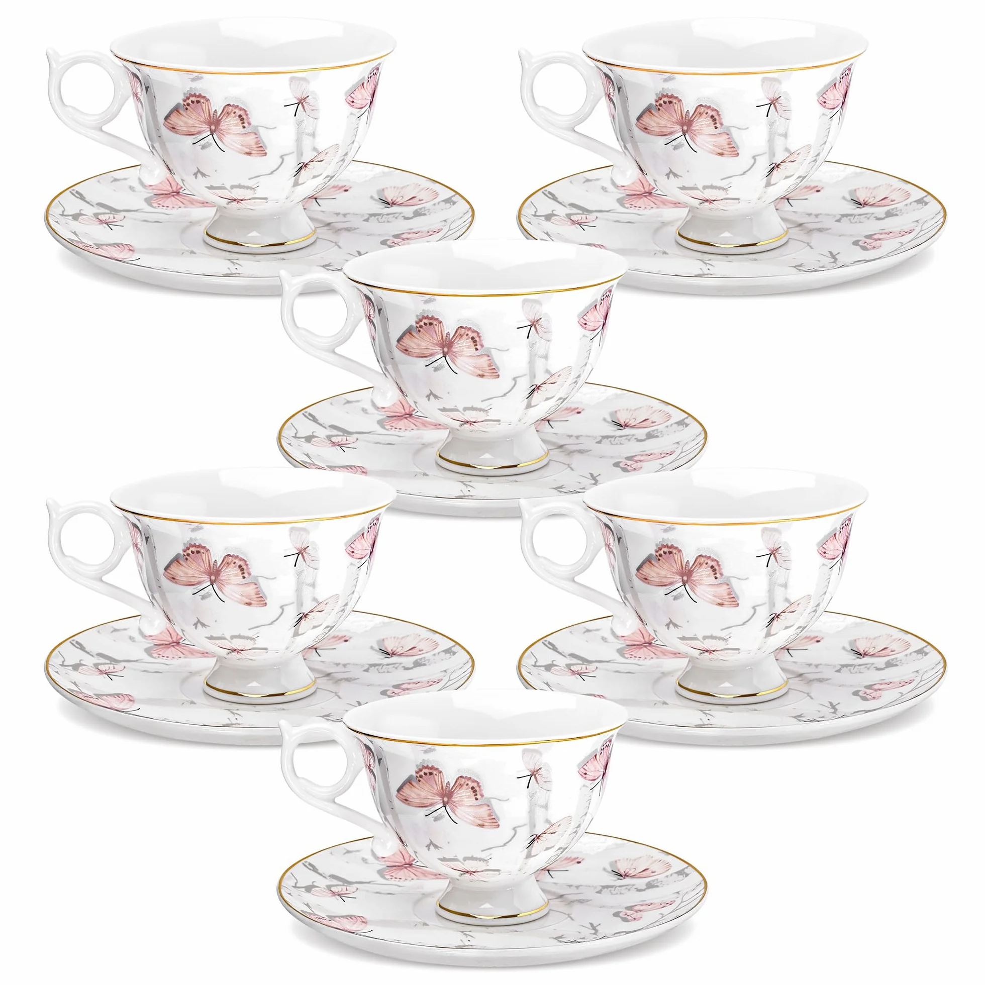 fanquare Elégantes Lot de 6 Ensembles Tasses et Soucoupes en Porcelaine Fine 180ml, Set de Tasses et Soucoupes Motif Papillon Rose clair avec Bord Doré Thé et Café pour Maison Cuisine Mariage