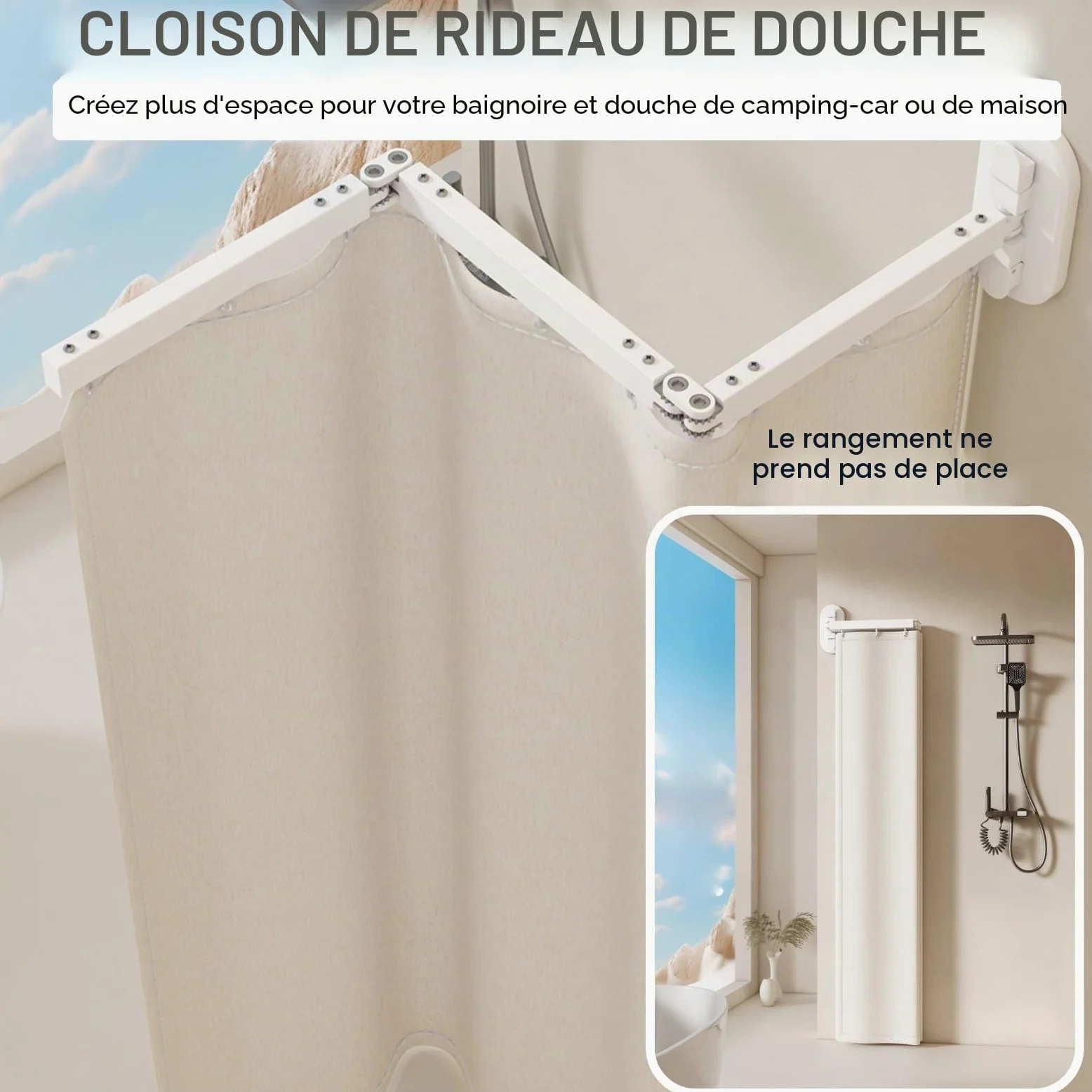 Tringle A Rideau De Douche Angle sans Percage, Tringle À Rideau De Douche Pliable avec Ventouses, Barre De Douche en L Rétractable pour Baignoire De Salle De Bain(Beige,102cm)