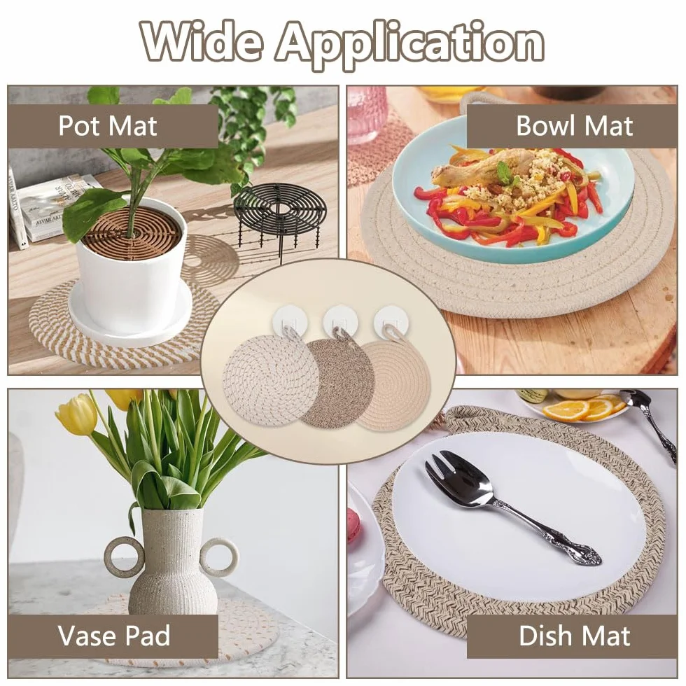 Lot de 4 Dessous de Plats Résistants à la Chaleur 20 cm en Coton Tissé Ronds pour Casseroles Poêles