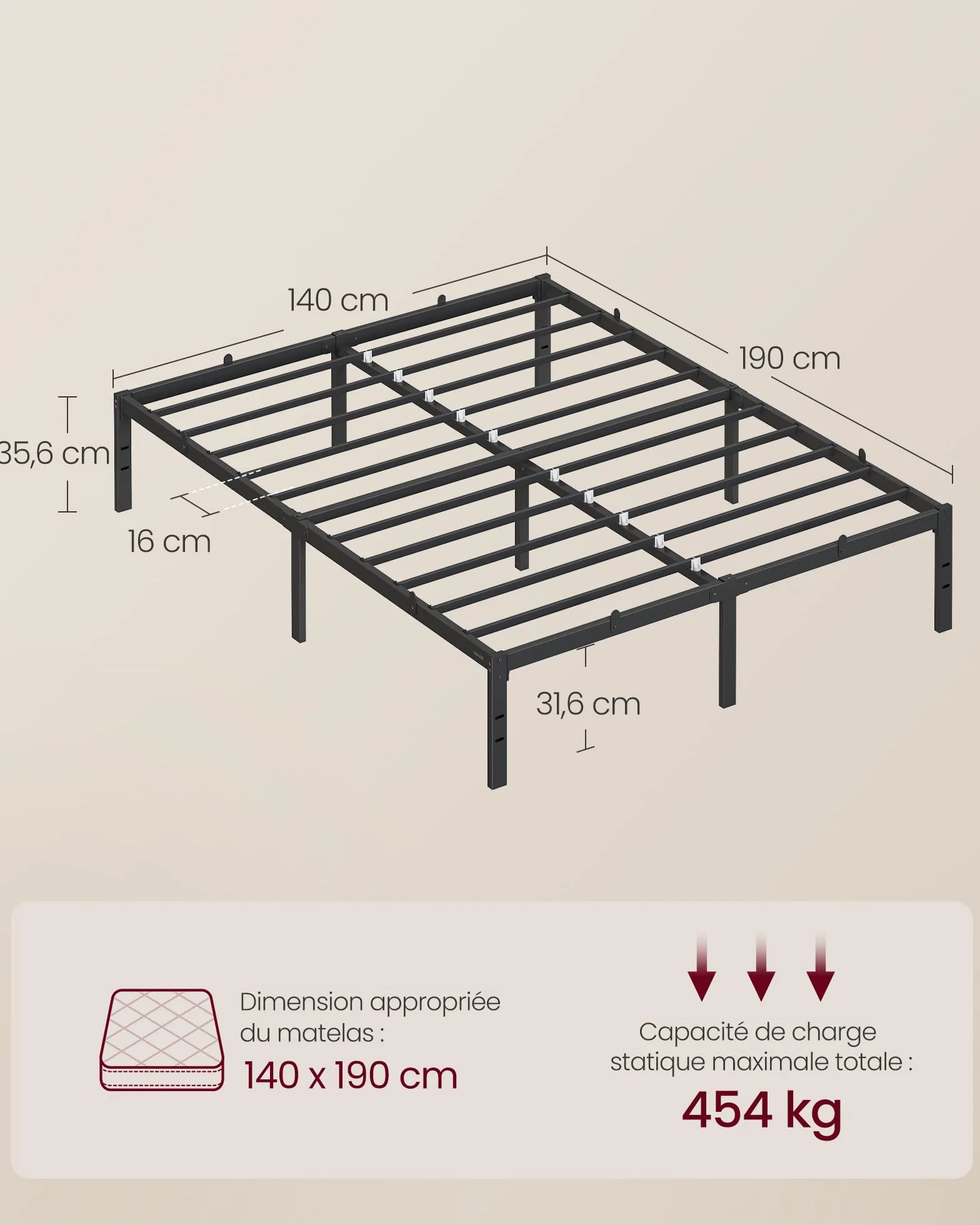VASAGLE Cadre de lit Double métal Lit 140x190 cm 450 kg Noir d'encre RMB133B01