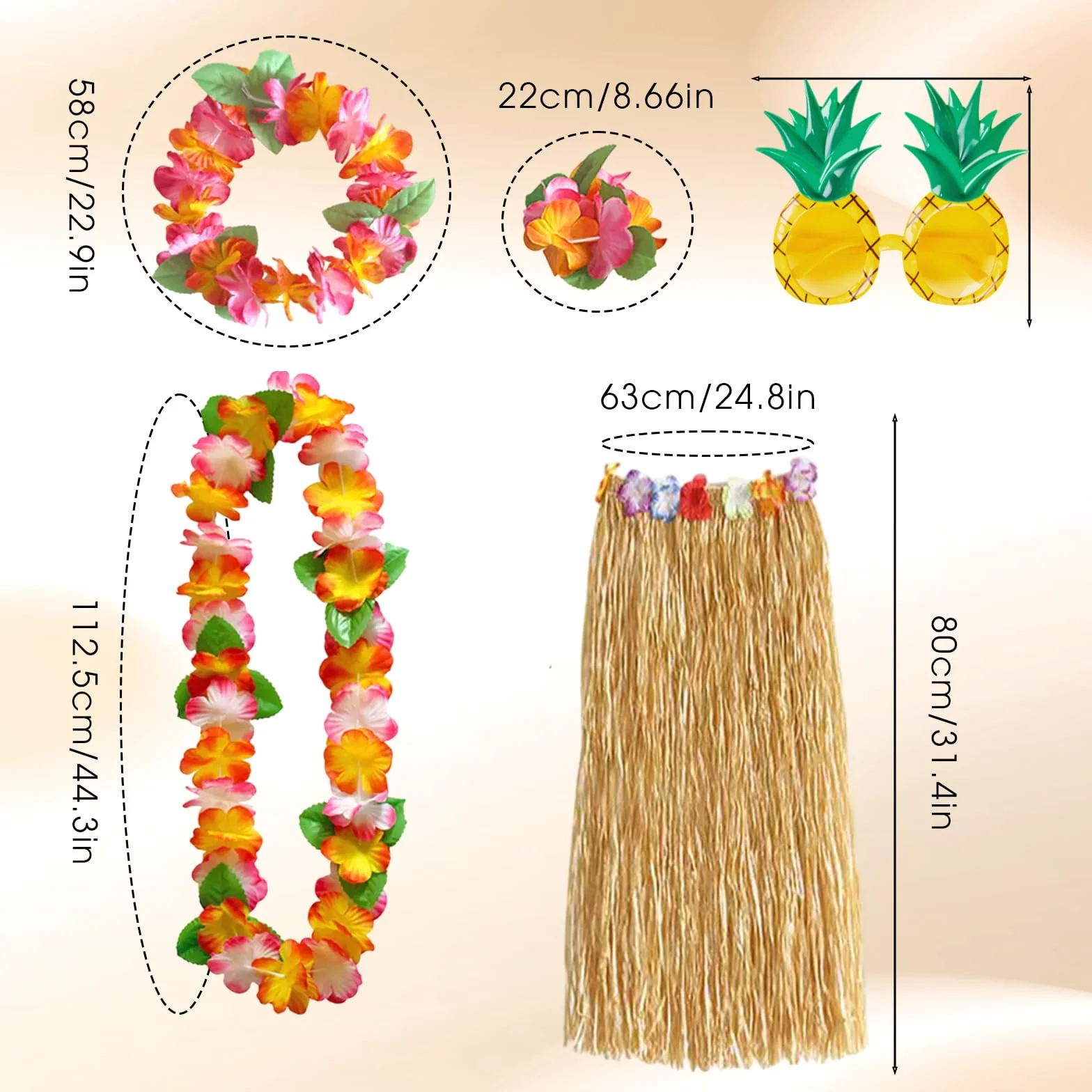 Décorations de fête hawaïennes lot de 6 collier fleurs bracelets bandeau lunettes ananas jupe déguisement adulte