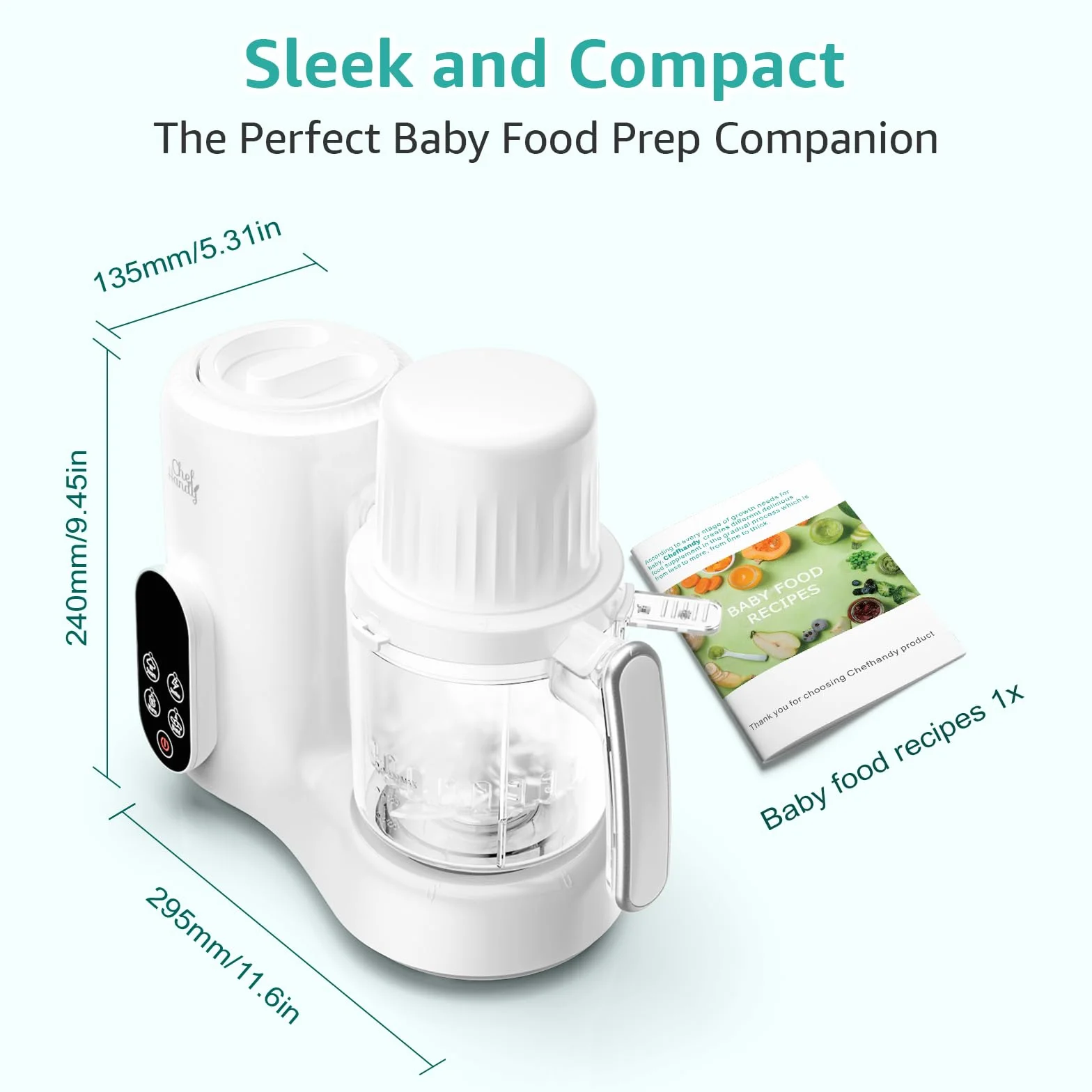 Chefhandy Robot Cuiseur Bébé 5 en 1 – Mixeur Cuiseur Vapeur Double, Chauffe-Biberon, Écran Tactile Blanc