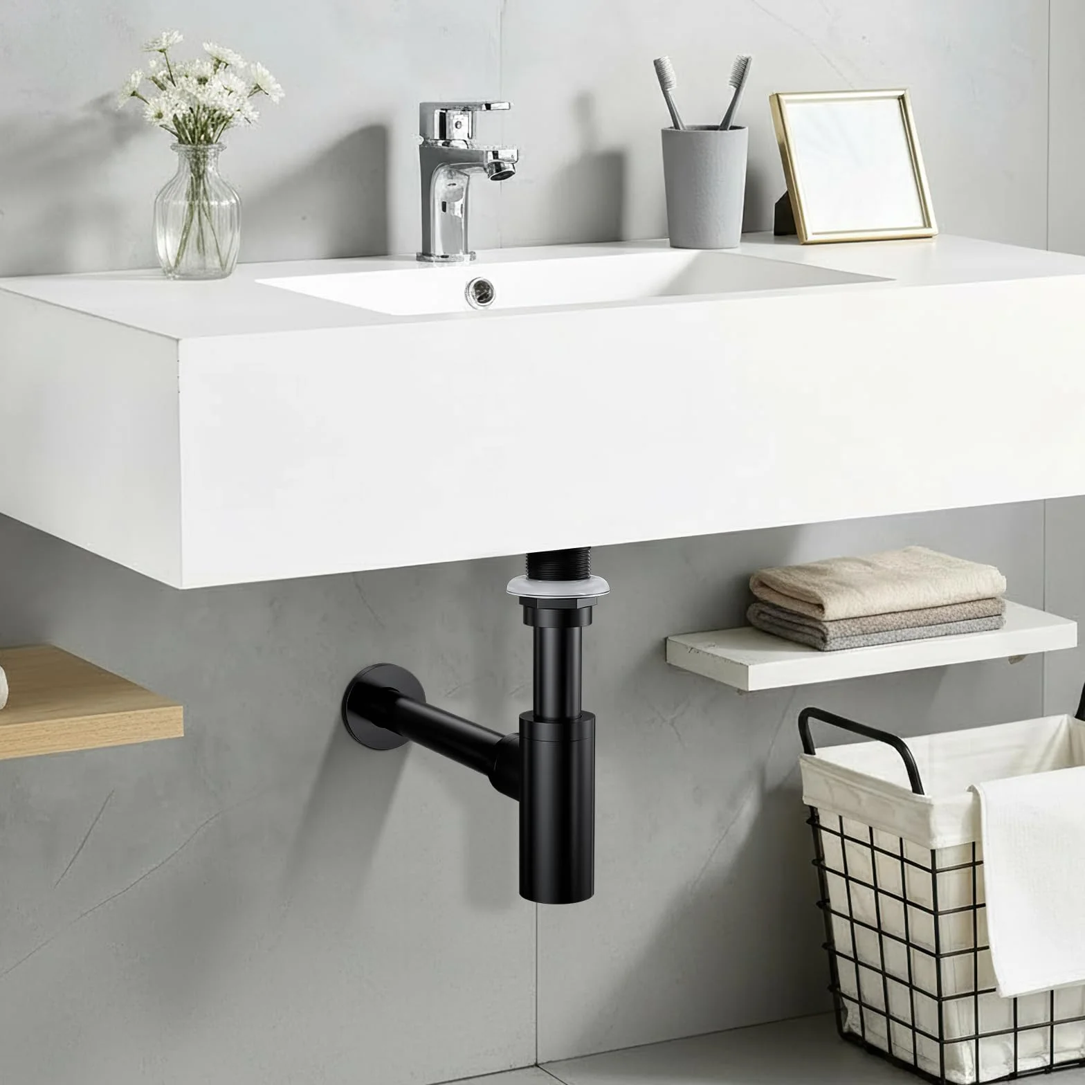 Siphon Noir Rétro avec Bonde Trop-plein 1 1/4 Laiton Universel Anti-Odeur Kit Vidange évier cuisine salle de bain