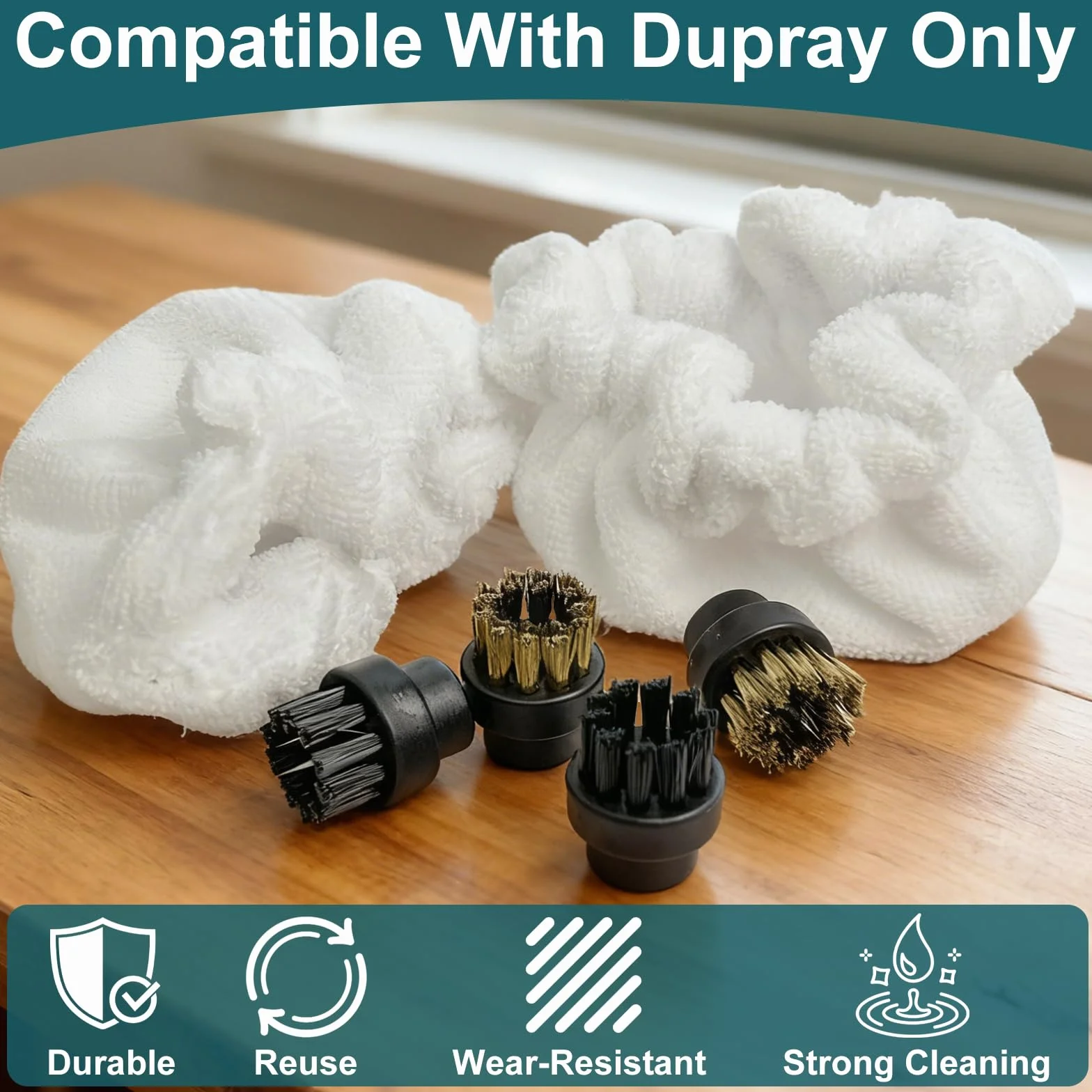 Lot de 6 accessoires pour nettoyeur vapeur Dupray - Brosses rondes cuivre noir - Housse tissu brosse triangulaire - Chiffons microfibre