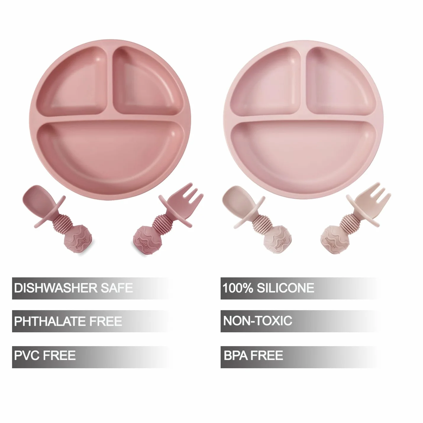 PandaEar Lot de 2 Assiettes à Ventouse Divisées pour Tout-Petits avec Couverts en Silicone, Rose