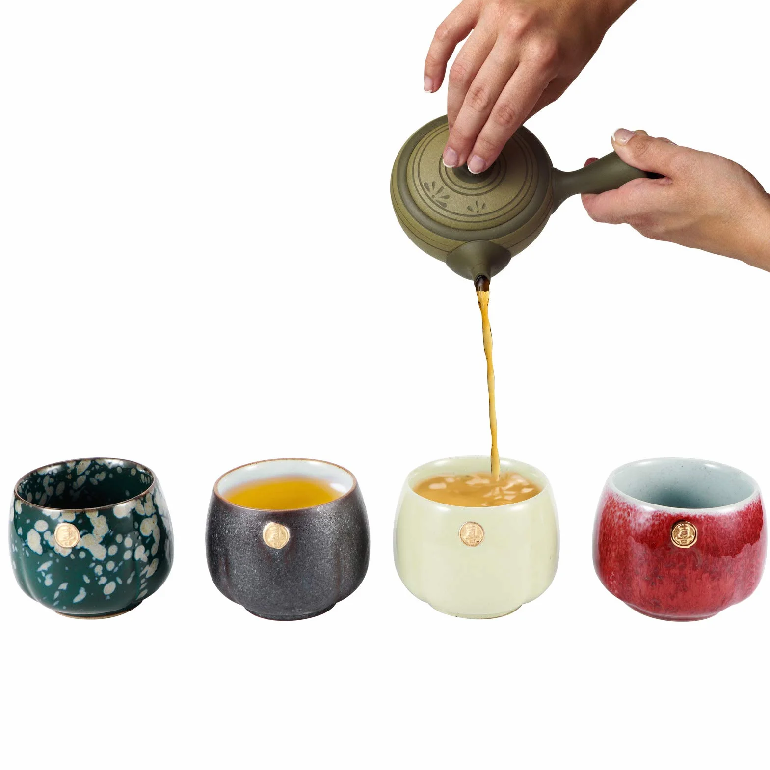 Tasses à thé japonaises en céramique Design, lot de 4 théières en céramique de style japonais Zen, cadeau artisanal traditionnel, pour le bureau à domicile(coloré)