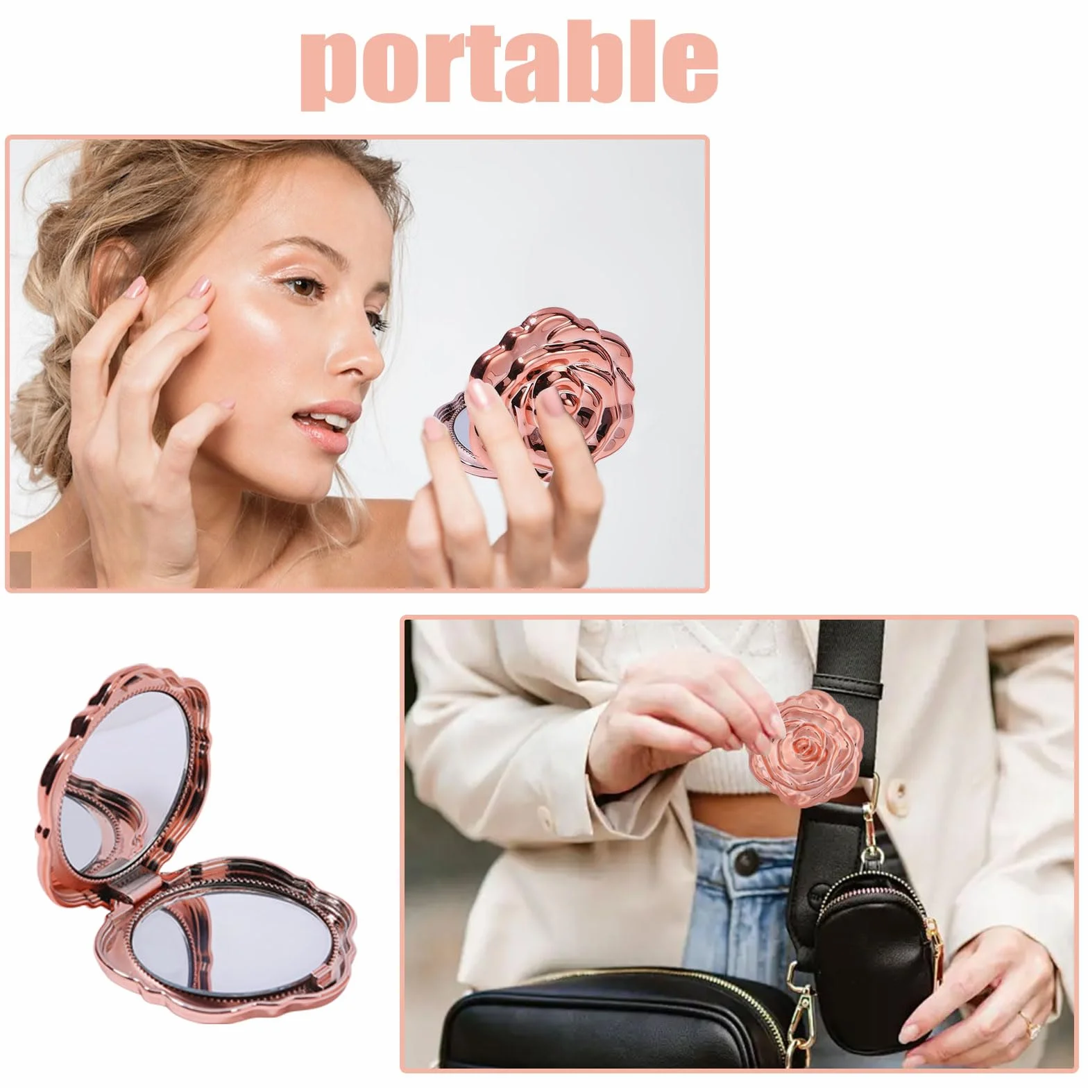 FREEBLOSS Lot de 50 Miroirs de Poche Rose Compact 3D avec Cartes et Pochettes Organza pour Mariage Anniversaire Fête Prénatale Voyage 2.5"
