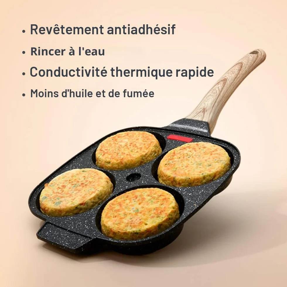 Poêle à 4 Emplacements Antiadhésive en Aluminium pour Petit-déjeuner, Gaz et Induction (Noir)