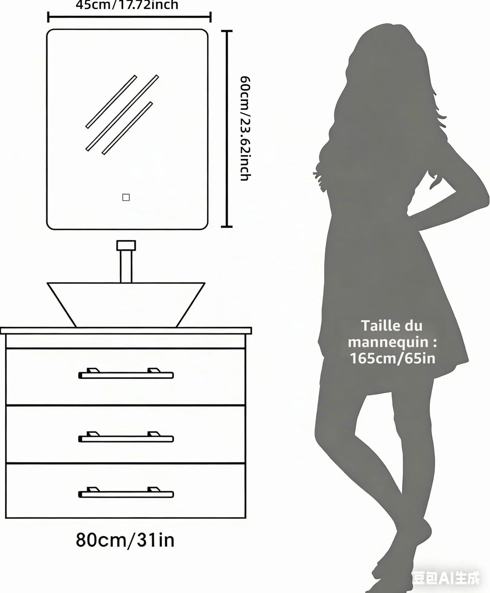 Miroir Mural Salle de Bain LED 60x45 cm 3 Couleurs Intensité Variable Interrupteur Tactile