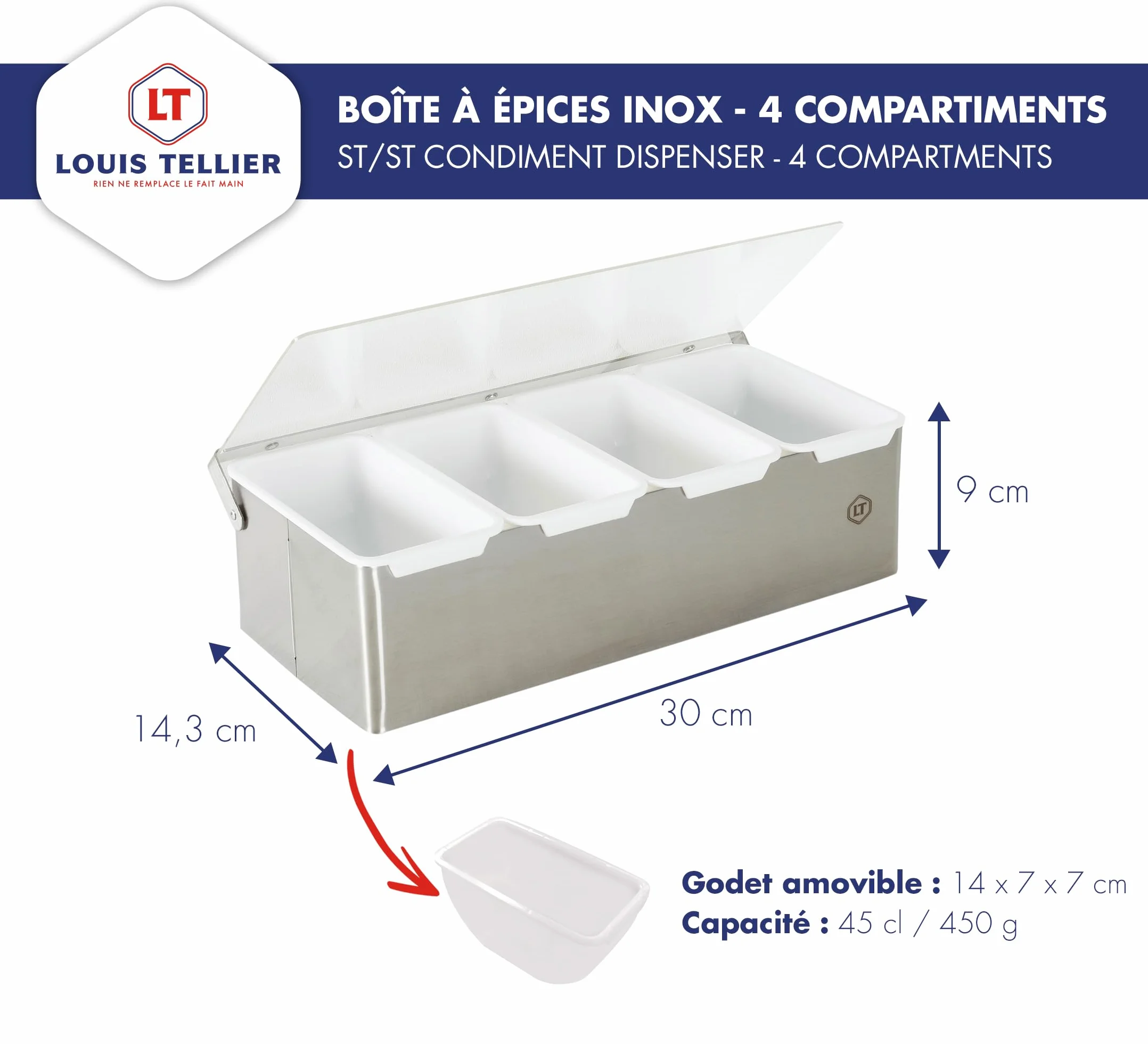 LOUIS TELLIER Boîte à épices INOX 4 compartiments Présentoir Distributeur