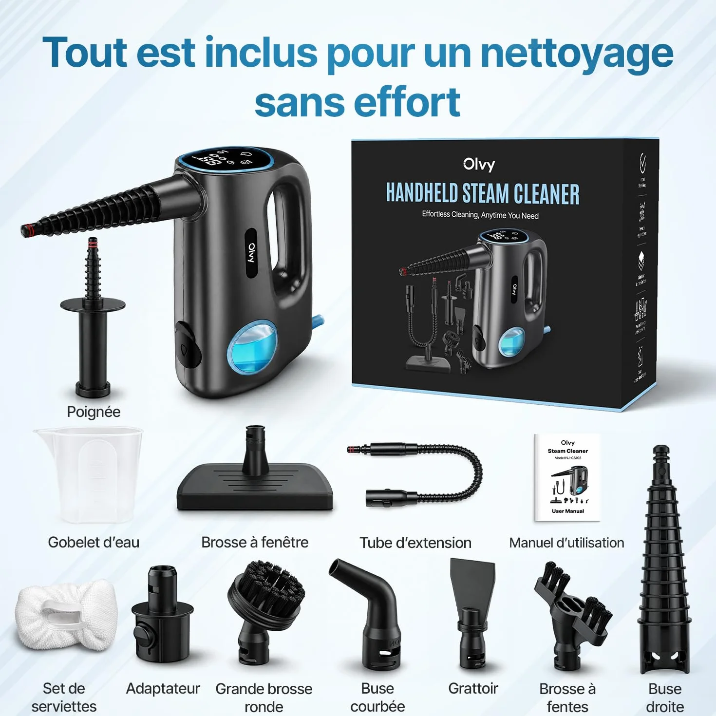 Olvy Nettoyeur Vapeur à Main 1200W Haute Pression Portable avec 3 Niveaux de Vapeur et Kit 10 Accessoires, Réservoir 400ml
