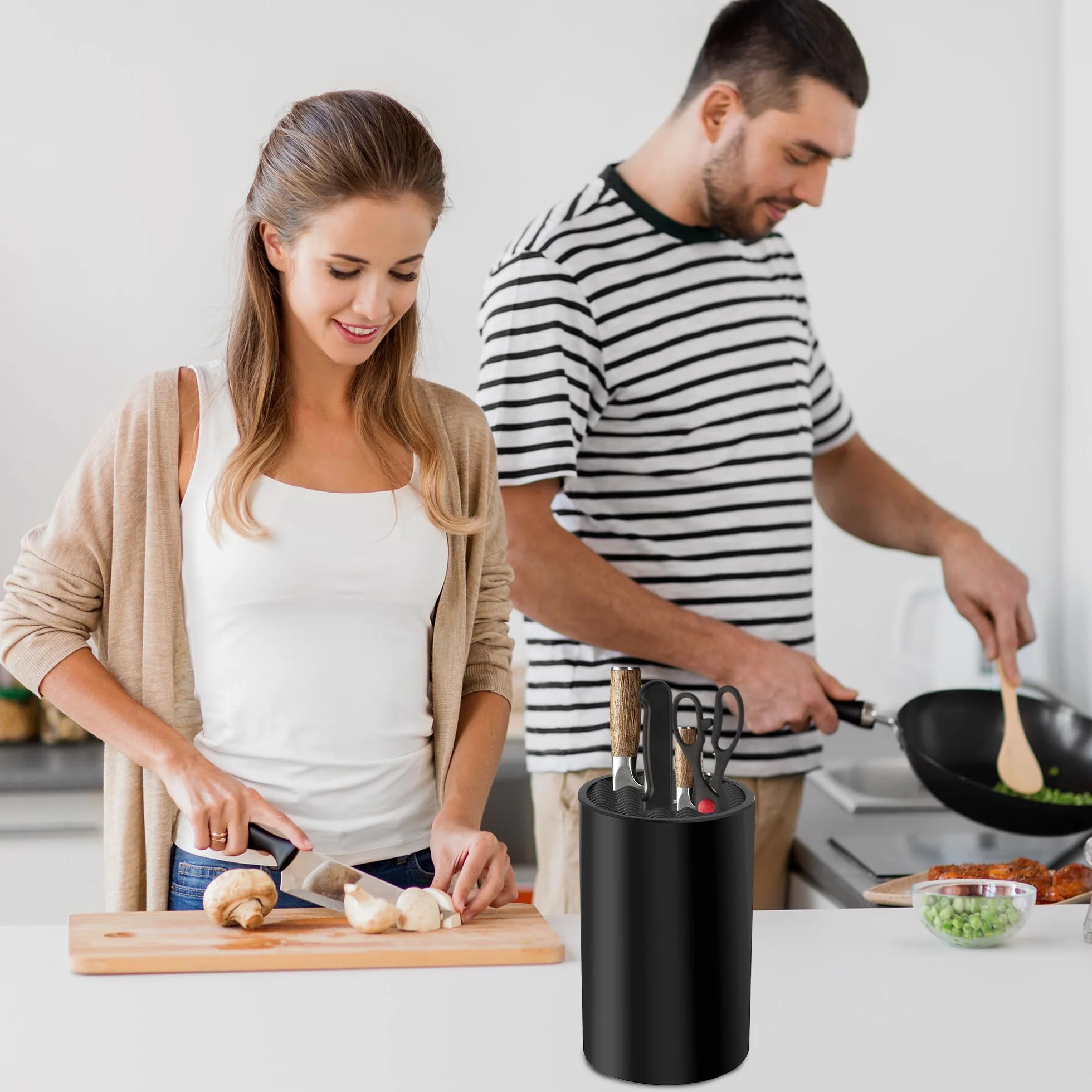 Bloc Couteaux Cuisine Vide Noir Design Ondulé avec Support Porte 20 Couteaux Antidérapant et Ventilé