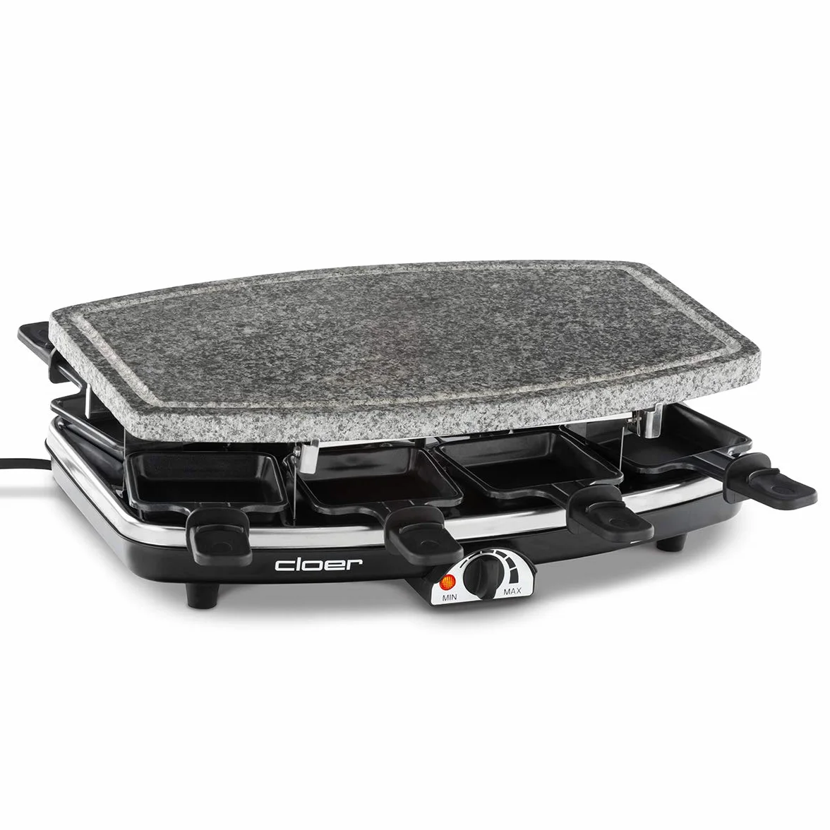 Cloer 6430 Raclette gril avec pierre de cuisson naturelle, inclus 8 poêlons anti-adhésifs pour faciliter le retrait des aliments, 1200 W, Noir