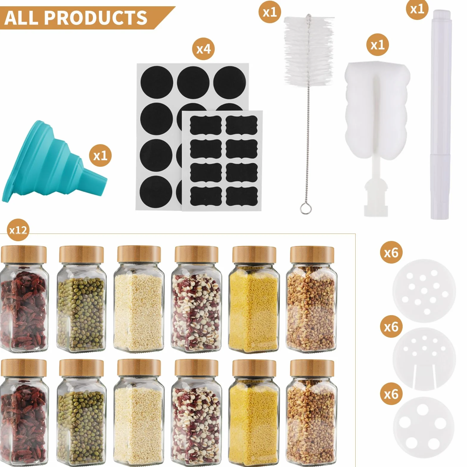 Pot à Épices en Verre 12 Pièces 120ml Bocaux à Épices avec Étiquettes